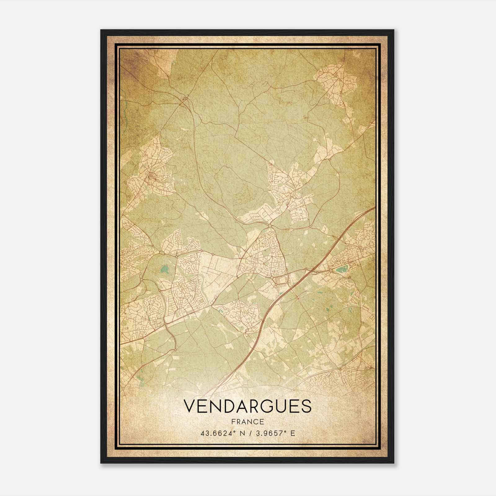 Vintage Vendargues France Map Poster, Vendargues City Road Wall Art Print