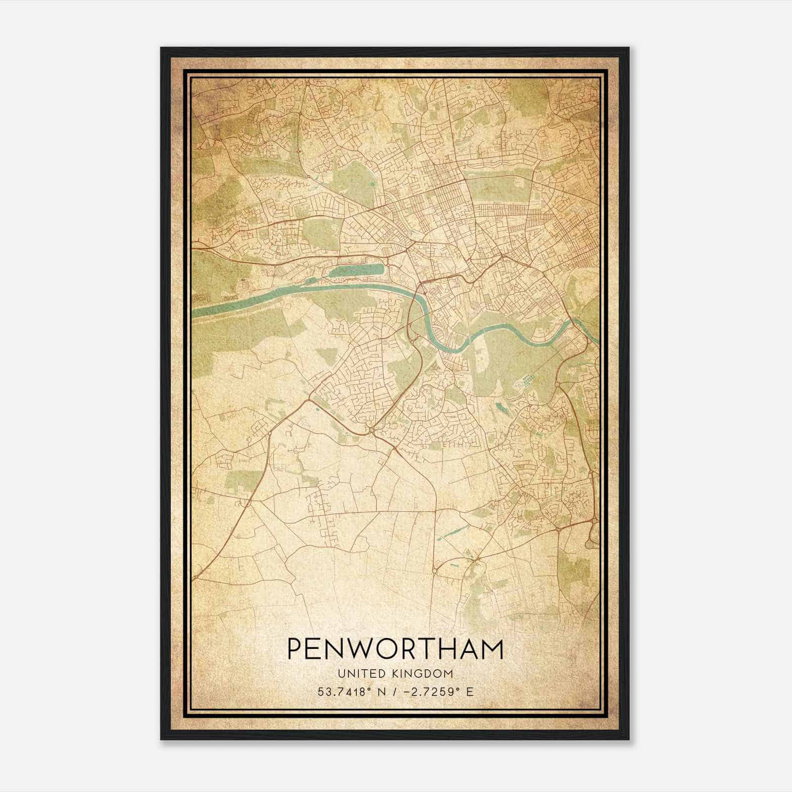Vintage Penwortham United Kingdom Map Poster, Penwortham City Road Wall Art Print
