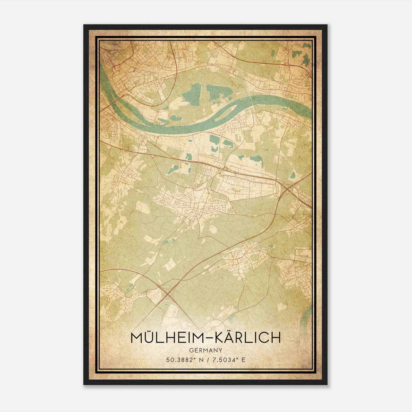 Vintage Mulheim-Karlich Germany Map Poster, Mulheim-Karlich City Road Wall Art Print