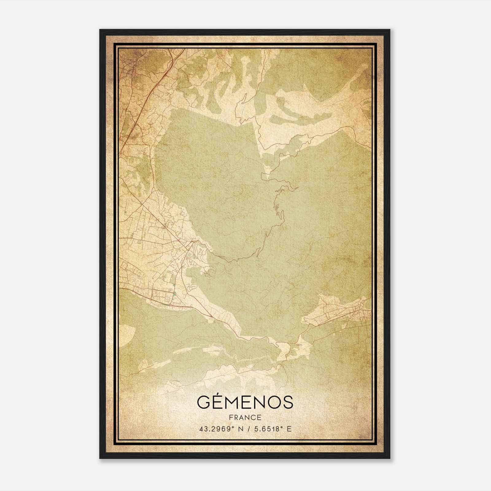 Vintage Gemenos France Map Poster, Gemenos City Road Wall Art Print