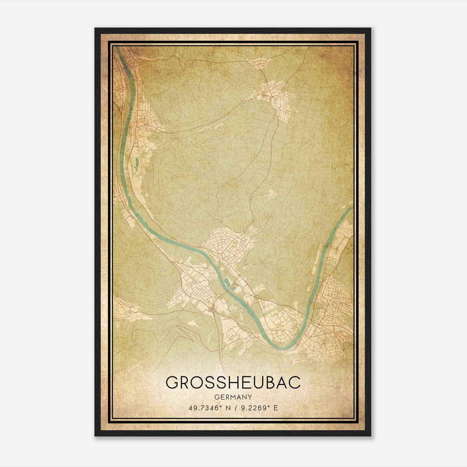 Vintage Grossheubach Germany Map Poster, Grossheubach City Road Wall Art Print