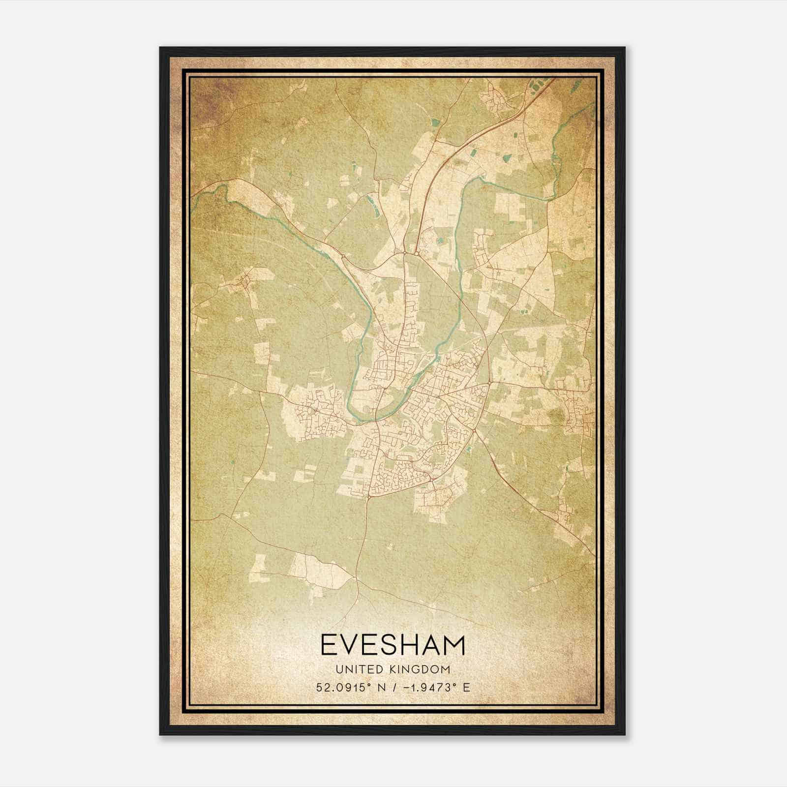 Vintage Evesham United Kingdom Map Poster, Evesham City Road Wall Art Print