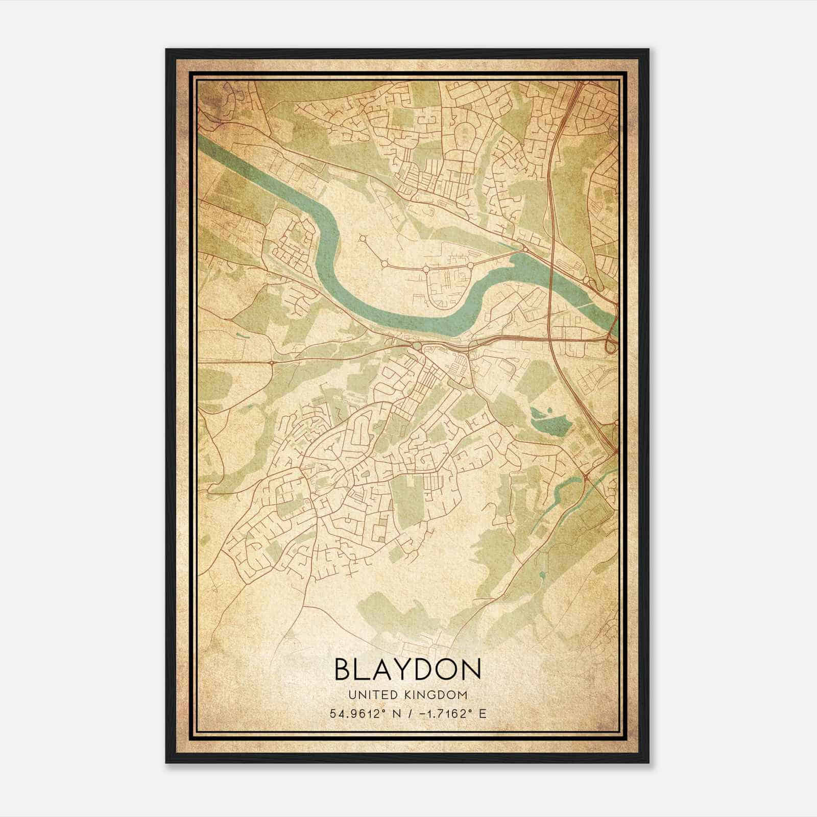 Vintage Blaydon United Kingdom Map Poster, Blaydon City Road Wall Art Print