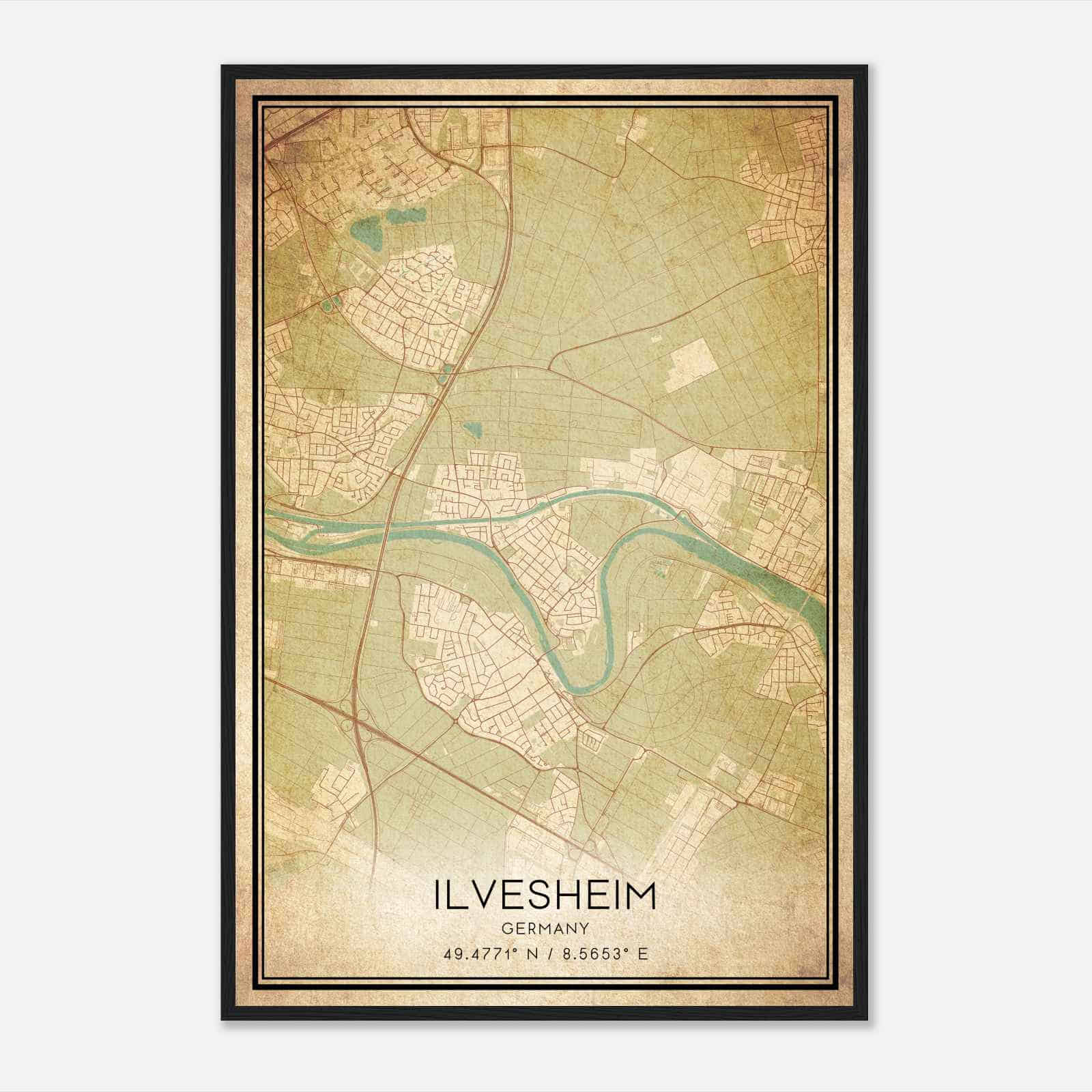 Vintage Ilvesheim Germany Map Poster, Ilvesheim City Road Wall Art Print