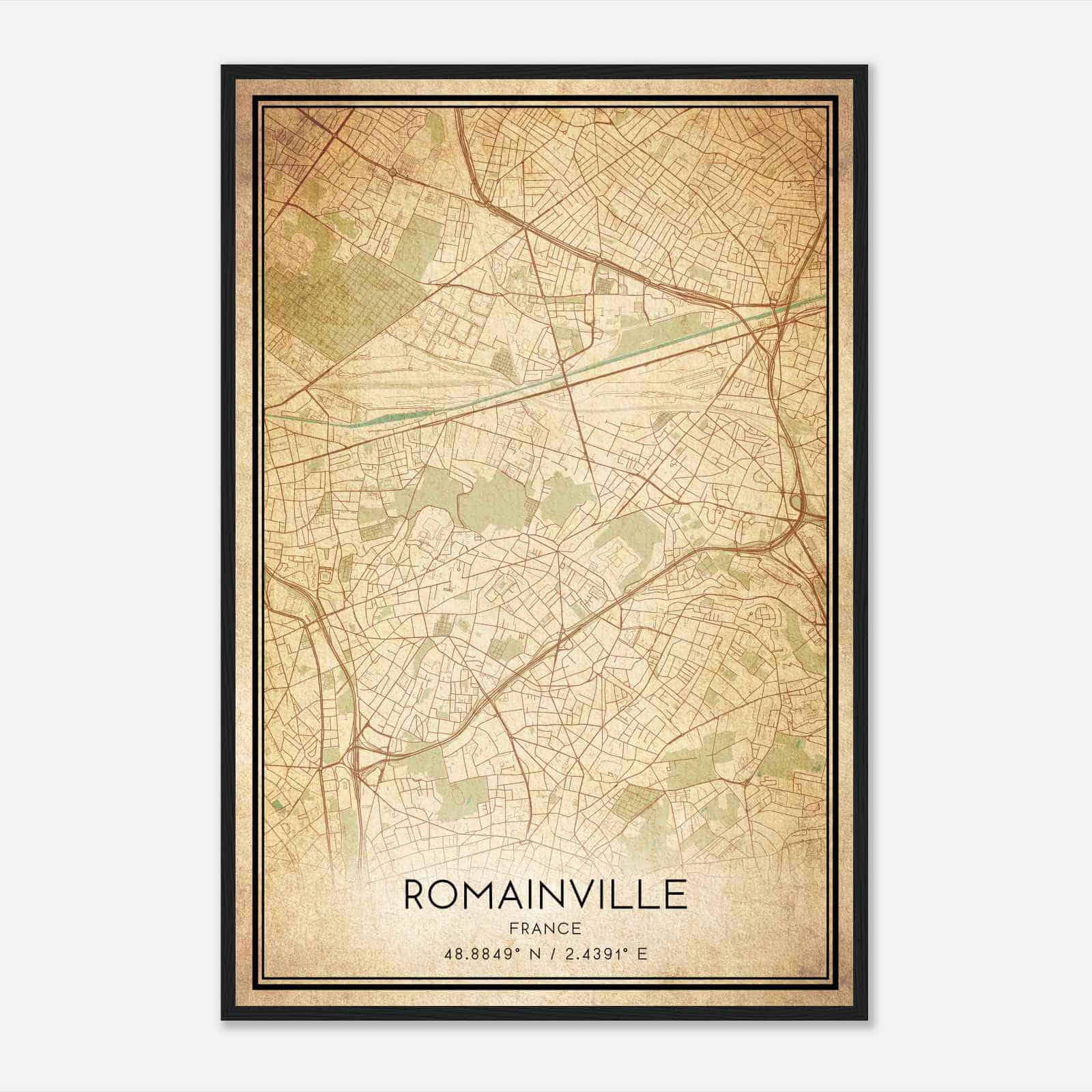 Vintage Romainville France Map Poster, Romainville City Road Wall Art Print