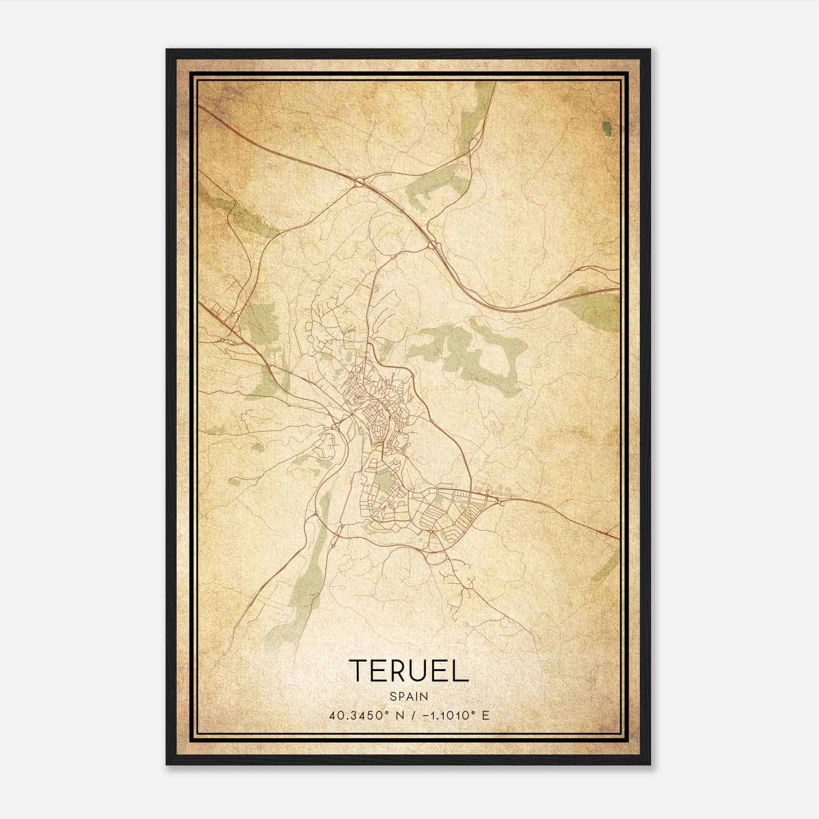 Vintage Teruel Spain Map Poster, Teruel City Road Wall Art Print