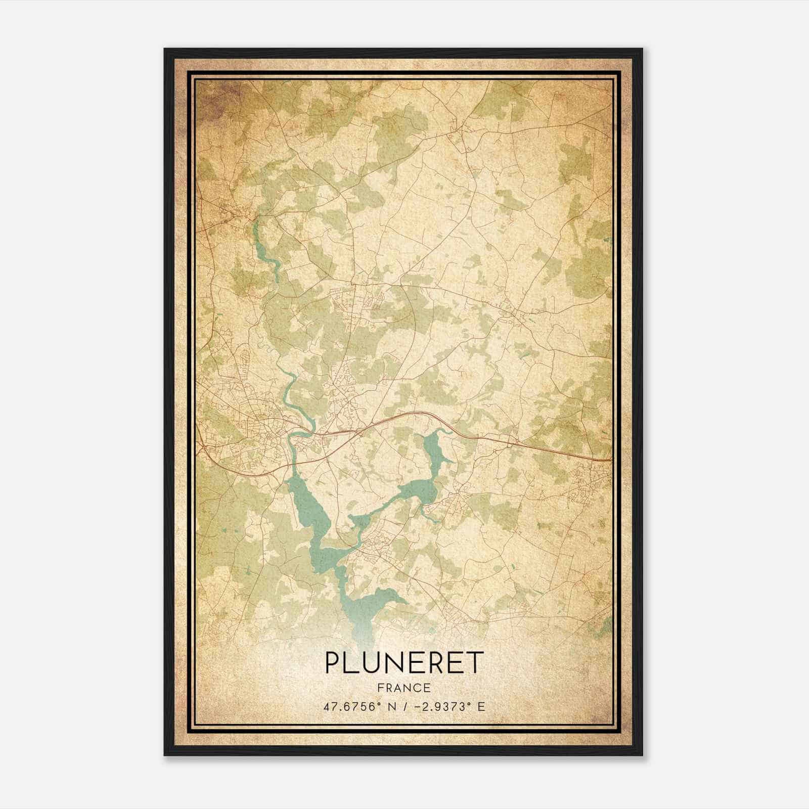 Vintage Pluneret France Map Poster, Pluneret City Road Wall Art Print