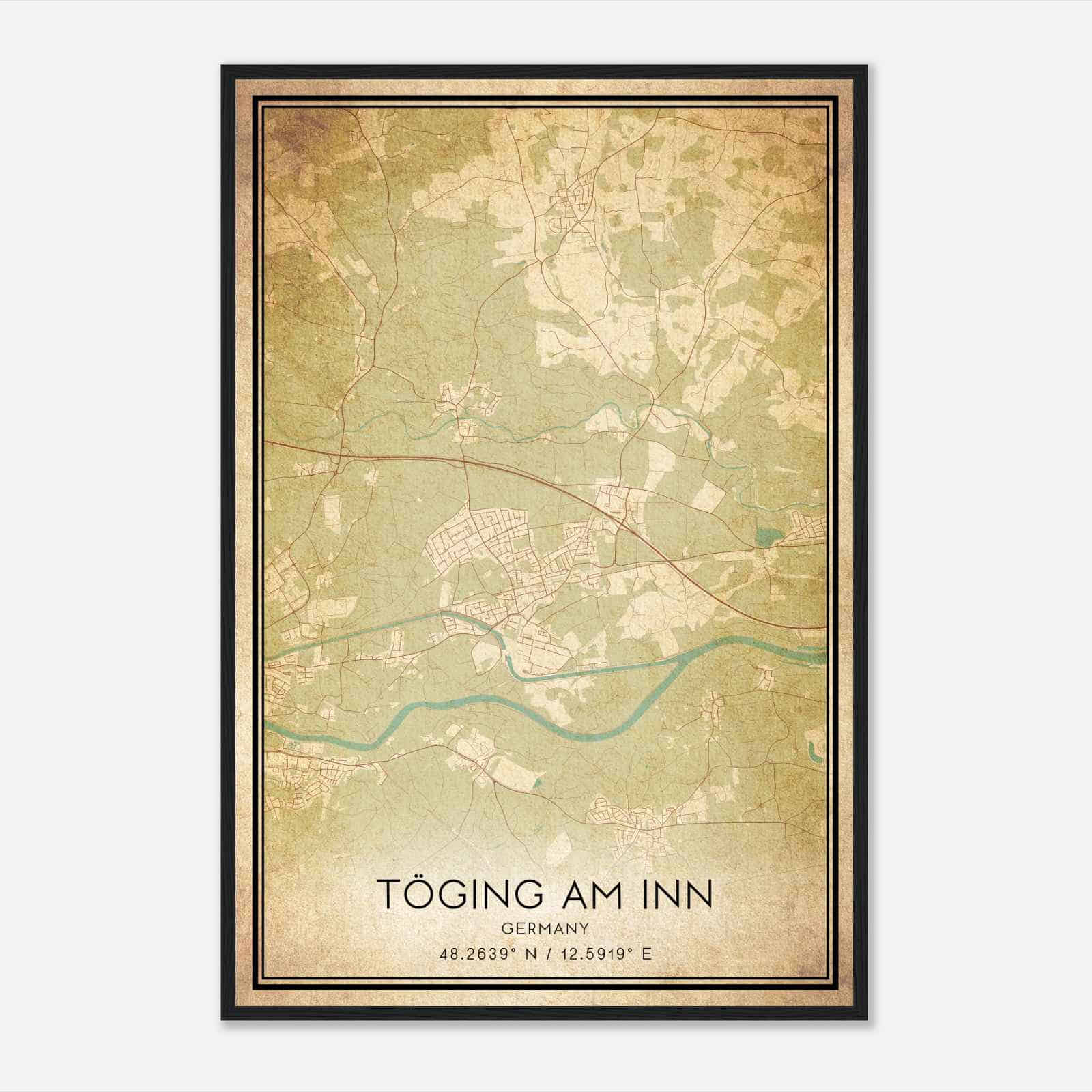 Vintage Toging am Inn Germany Map Poster, Toging am Inn City Road Wall Art Print
