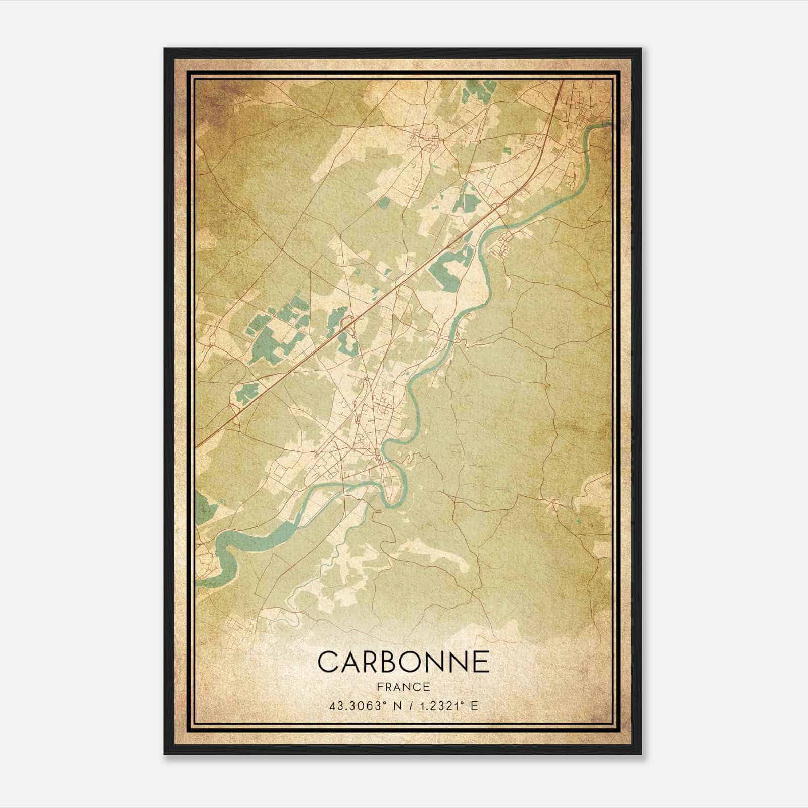 Vintage Carbonne France Map Poster, Carbonne City Road Wall Art Print