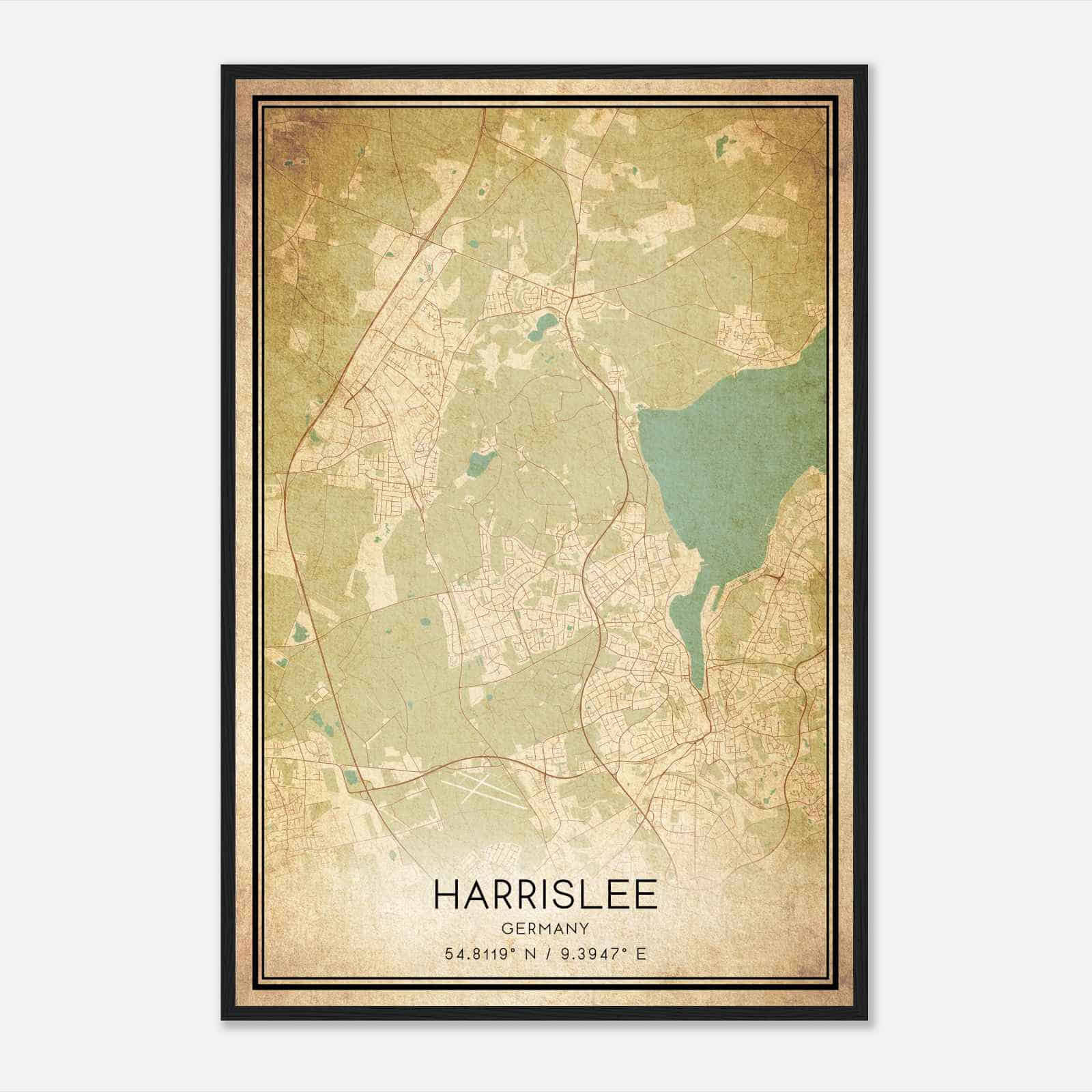 Vintage Harrislee Germany Map Poster, Harrislee City Road Wall Art Print