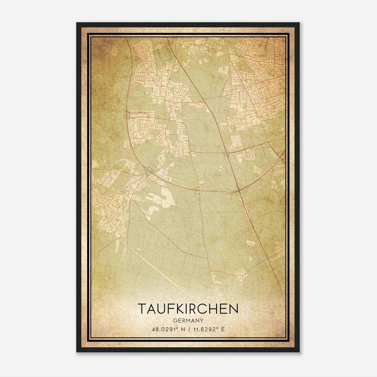Vintage Taufkirchen Germany Map Poster, Taufkirchen City Road Wall Art Print