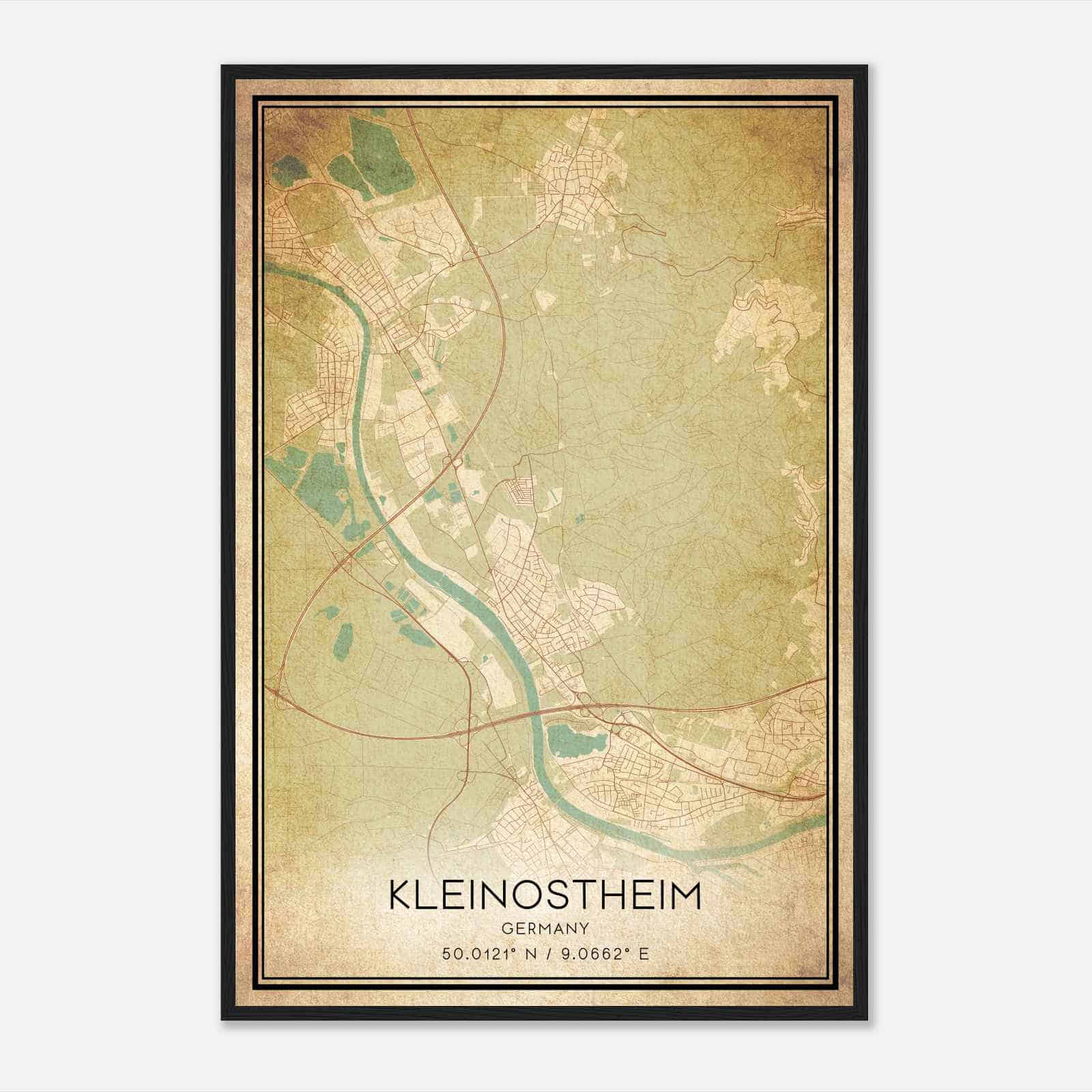 Vintage Kleinostheim Germany Map Poster, Kleinostheim City Road Wall Art Print