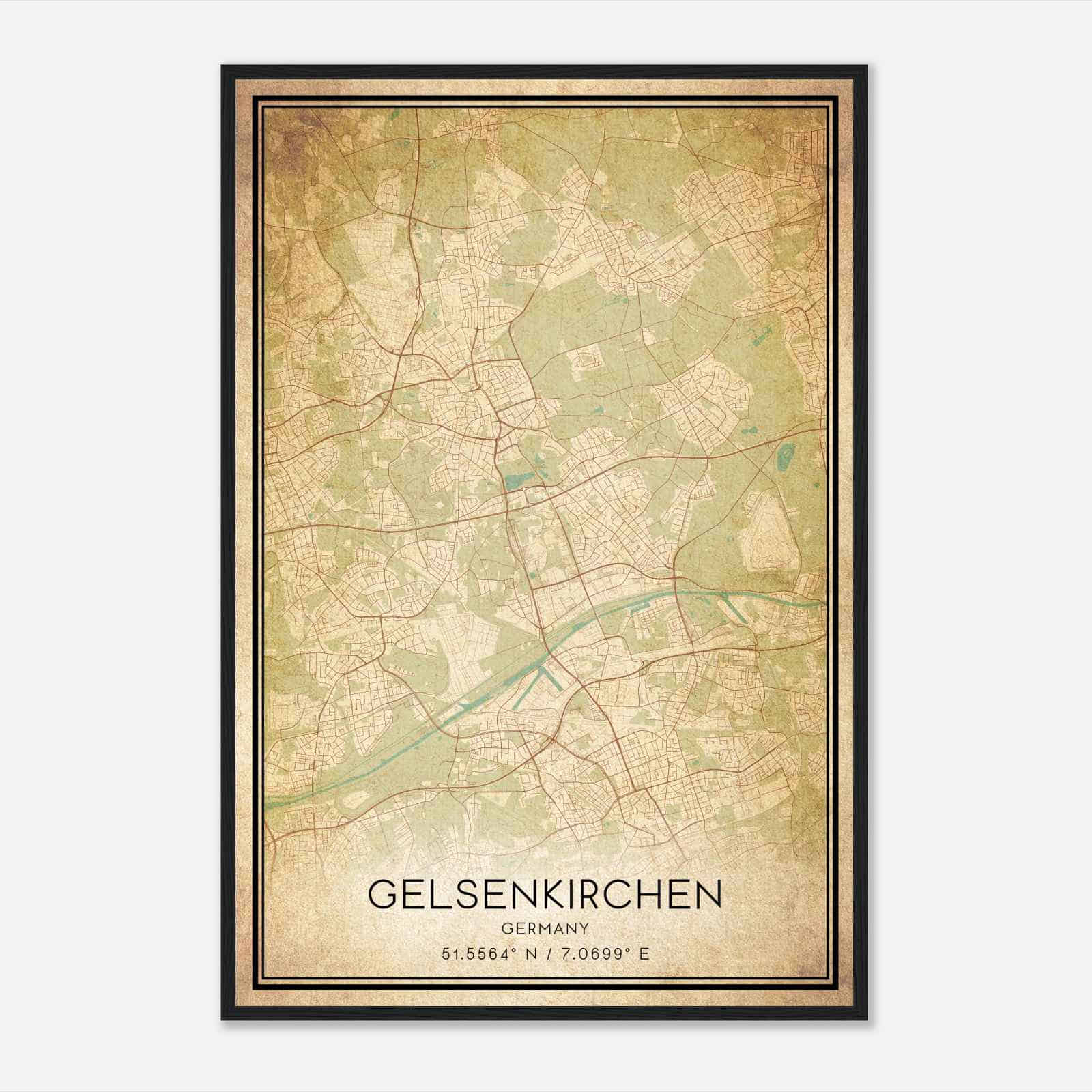 Vintage Gelsenkirchen Germany Map Poster, Gelsenkirchen City Road Wall Art Print