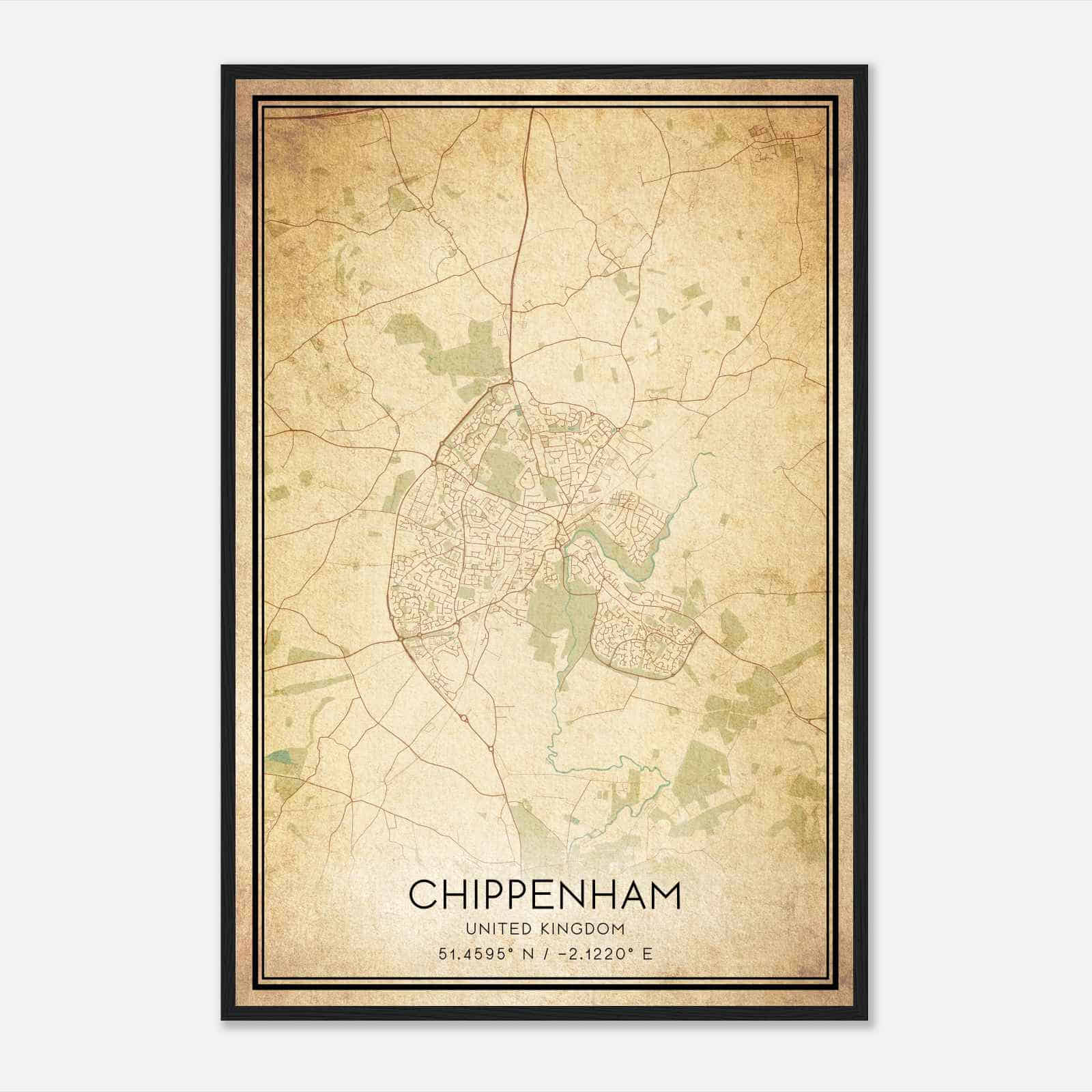 Vintage Chippenham United Kingdom Map Poster, Chippenham City Road Wall Art Print