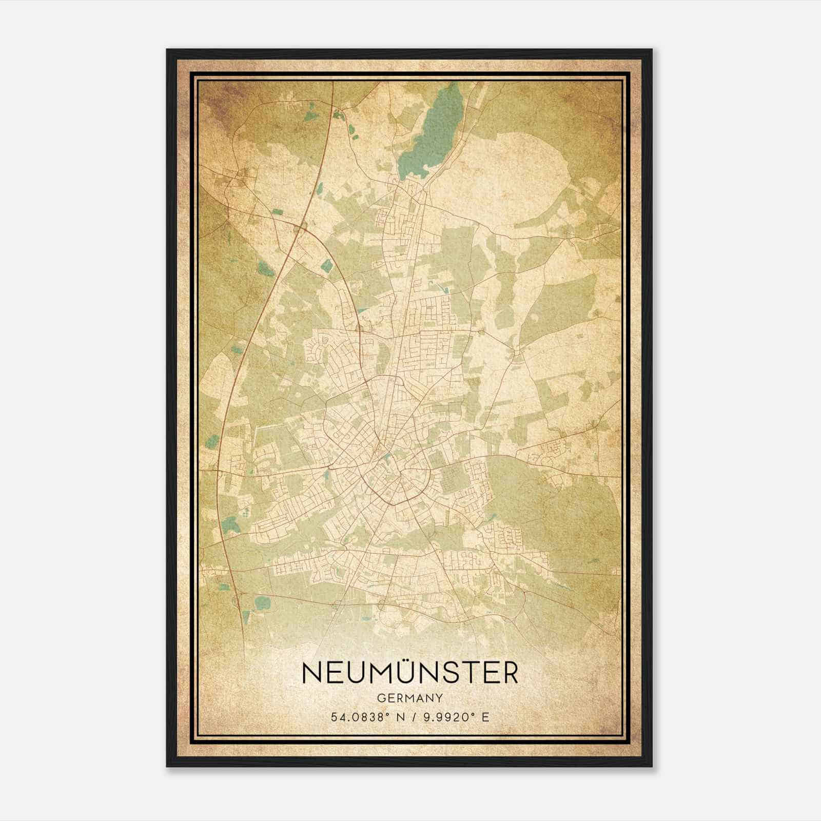 Vintage Neumunster Germany Map Poster, Neumunster City Road Wall Art Print