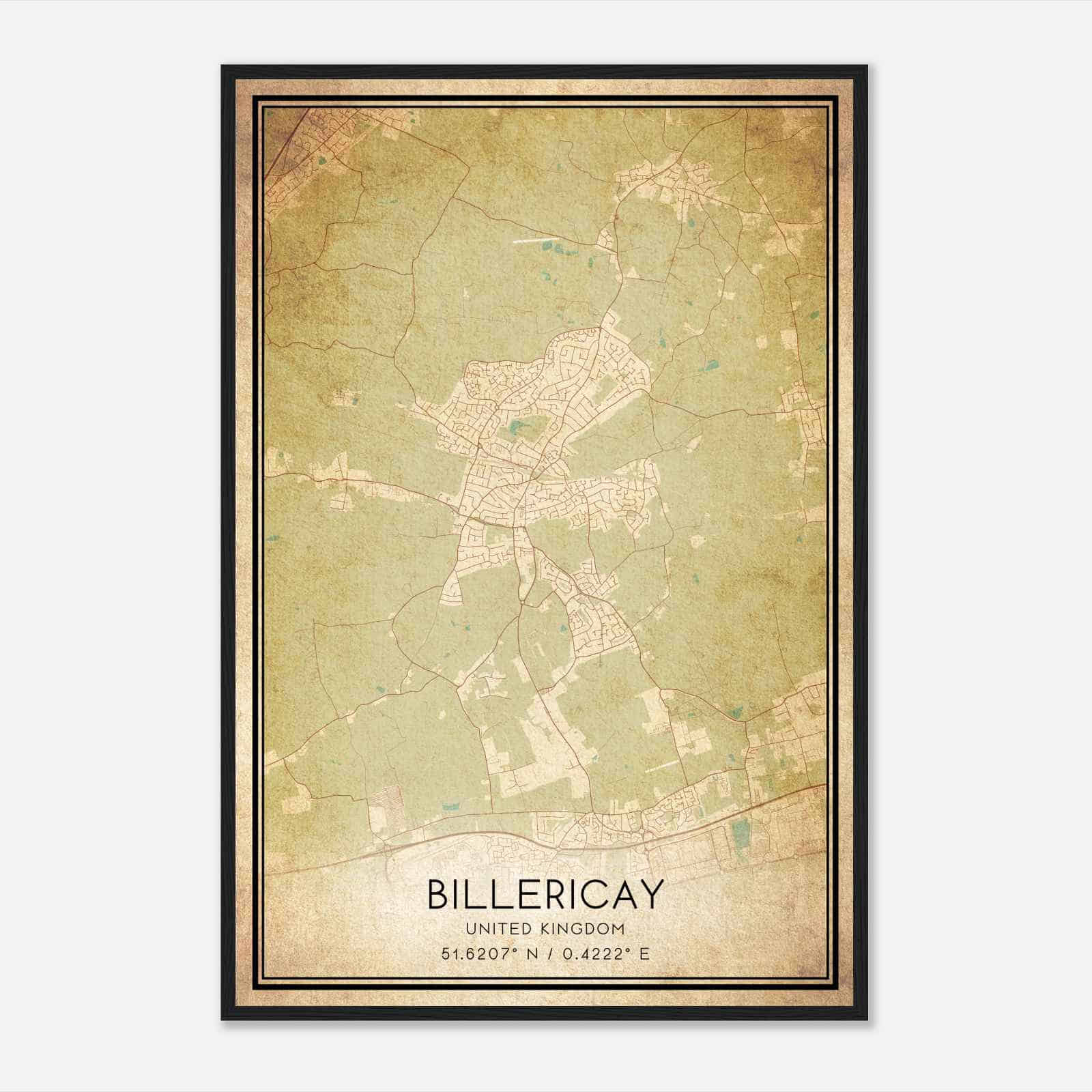 Vintage Billericay United Kingdom Map Poster, Billericay City Road Wall Art Print