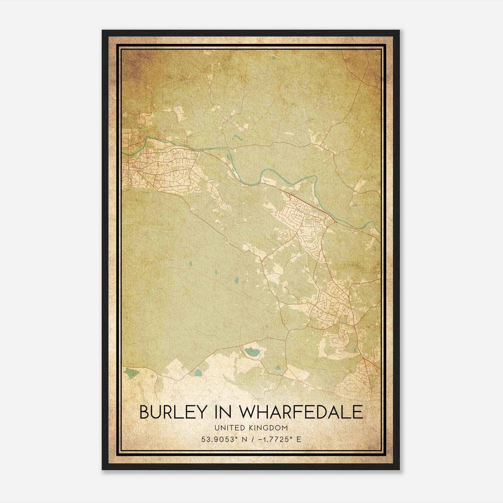 Vintage Burley in Wharfedale United Kingdom Map Poster, Burley in Wharfedale City Road Wall Art Print