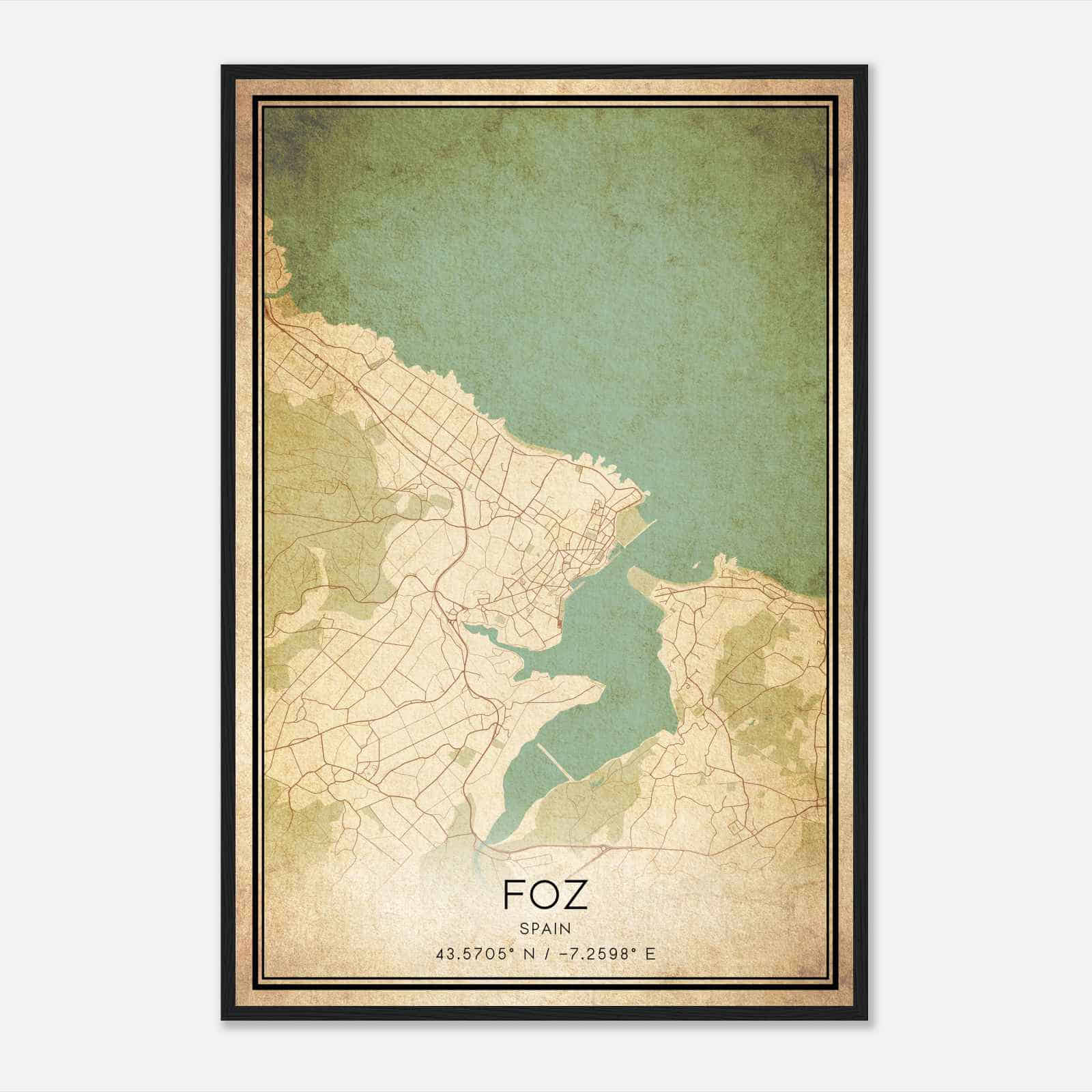 Vintage Foz Spain Map Poster, Foz City Road Wall Art Print