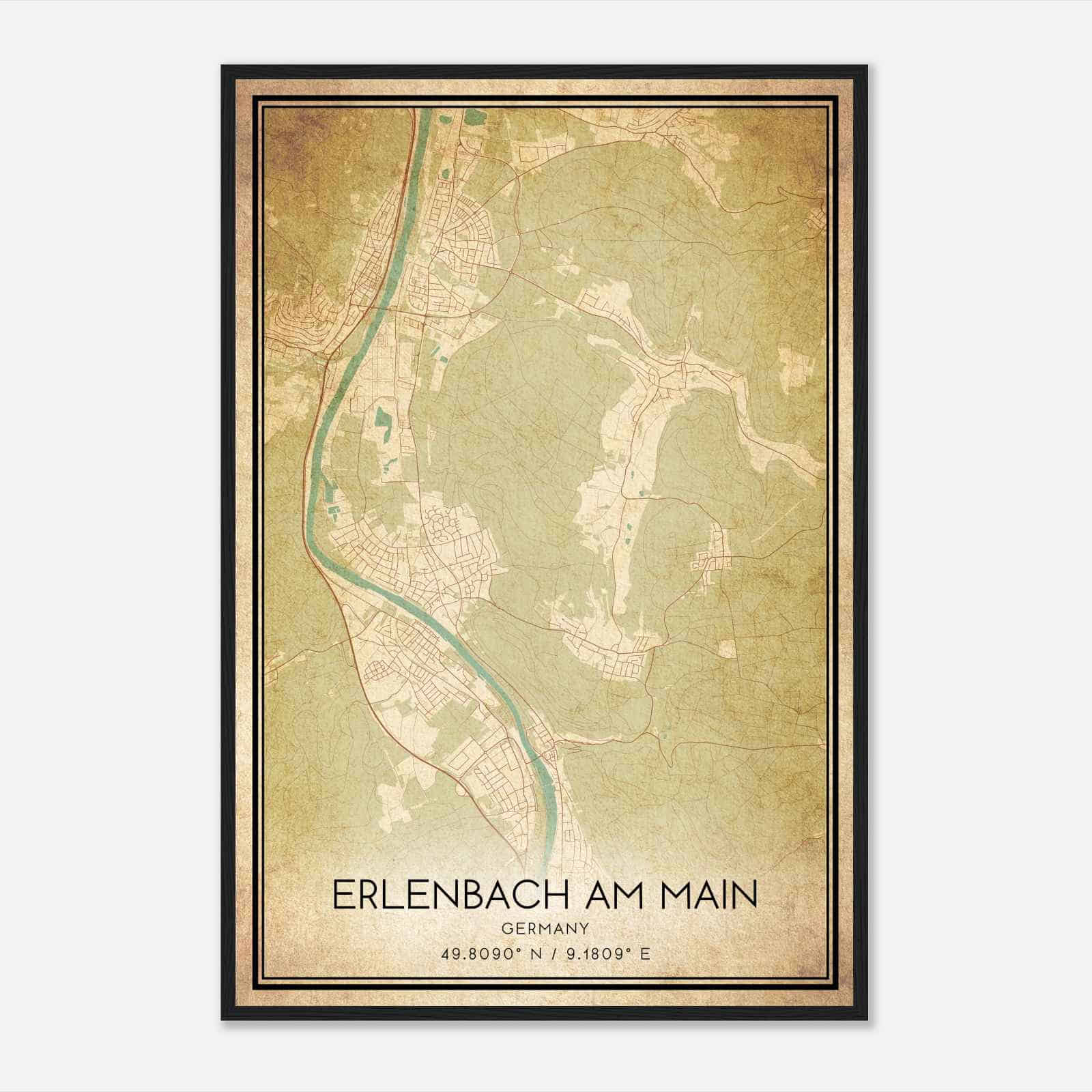 Vintage Erlenbach am Main Germany Map Poster, Erlenbach am Main City Road Wall Art Print