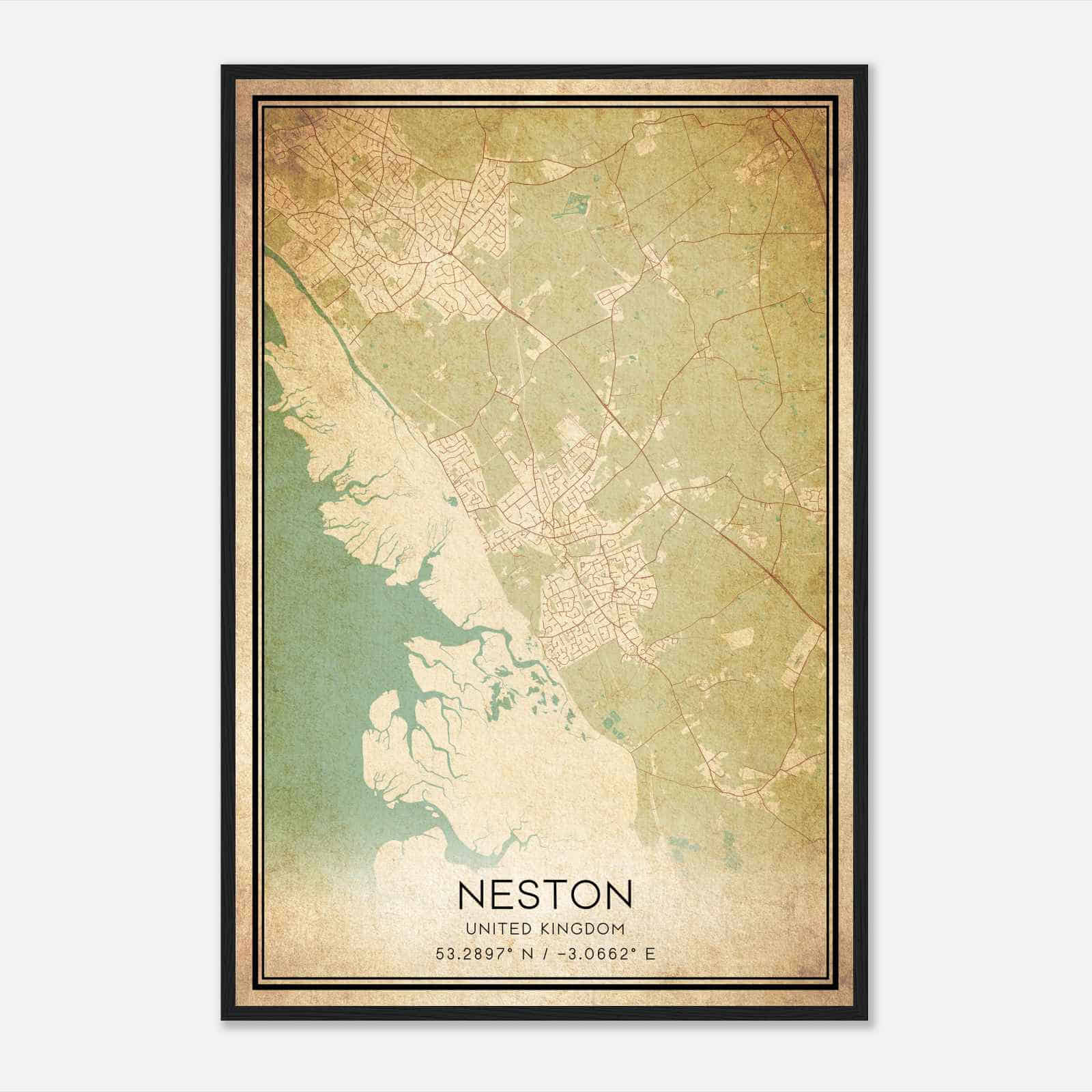 Vintage Neston United Kingdom Map Poster, Neston City Road Wall Art Print
