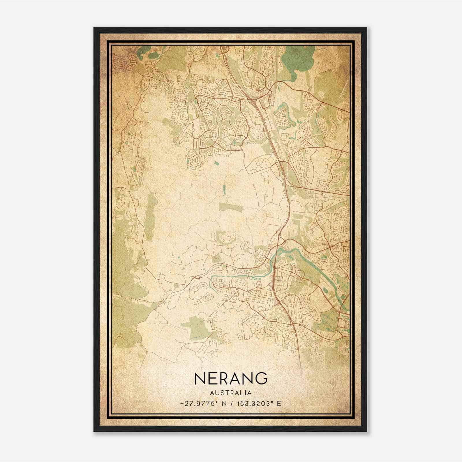 Vintage Nerang Australia Map Poster, Nerang City Road Wall Art Print