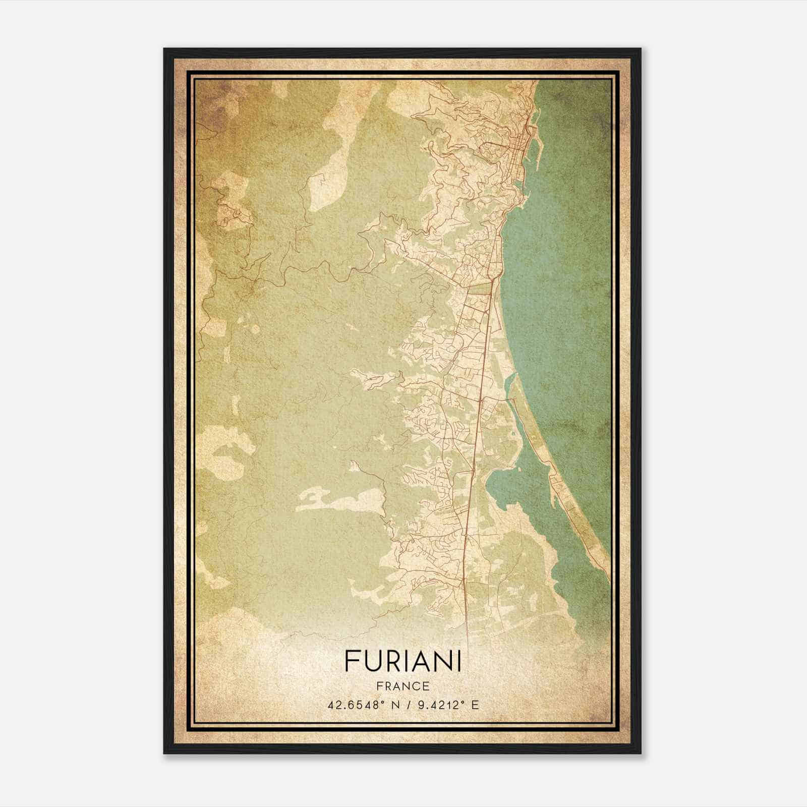 Vintage Furiani France Map Poster, Furiani City Road Wall Art Print