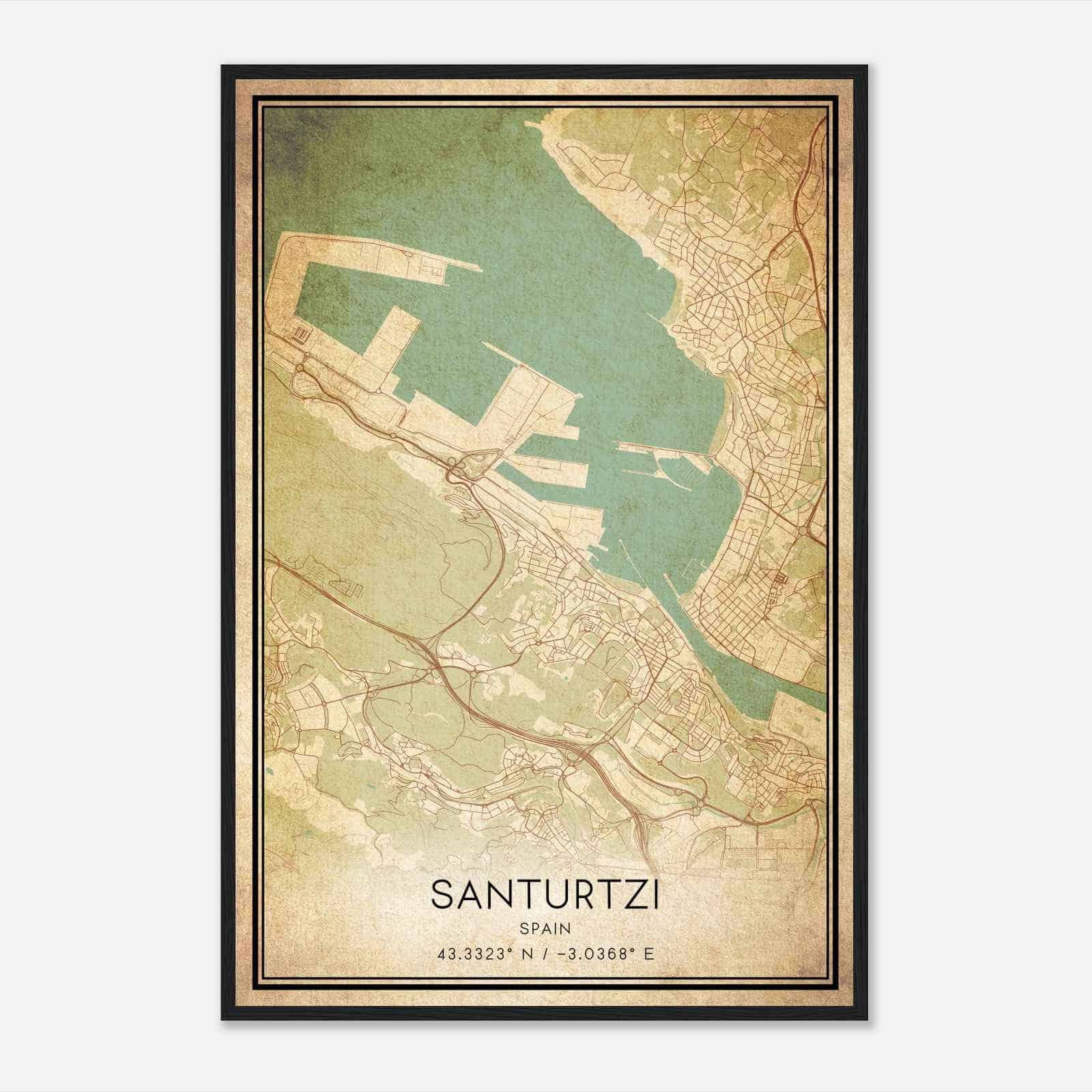 Vintage Santurce-Antiguo Spain Map Poster, Santurce-Antiguo City Road Wall Art Print