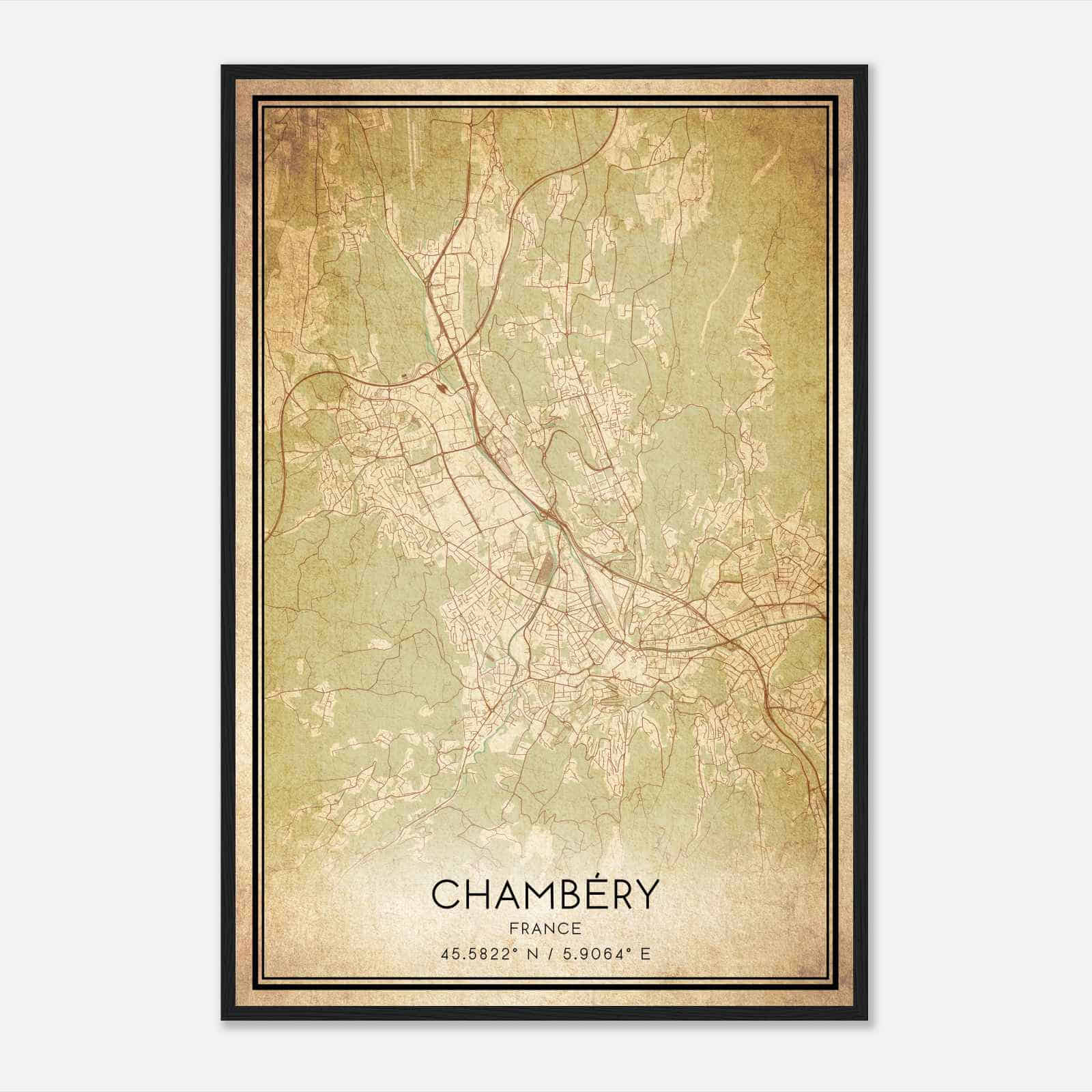 Vintage Chambery France Map Poster, Chambery City Road Wall Art Print