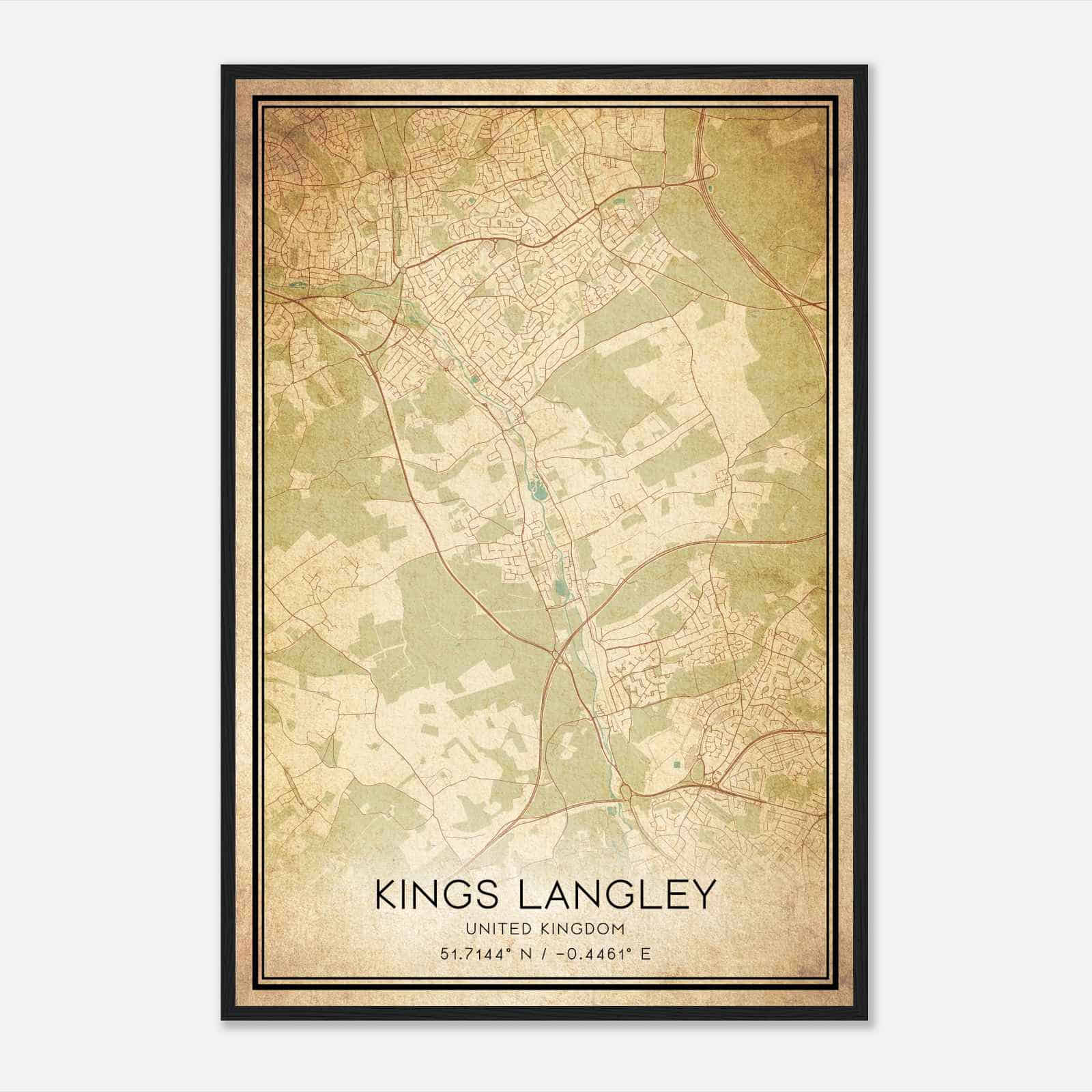 Vintage Kings Langley United Kingdom Map Poster, Kings Langley City Road Wall Art Print