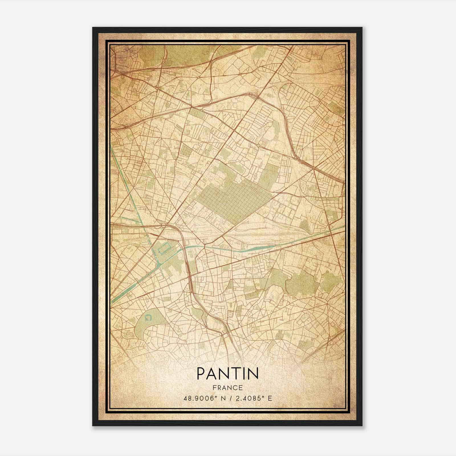 Vintage Pantin France Map Poster, Pantin City Road Wall Art Print