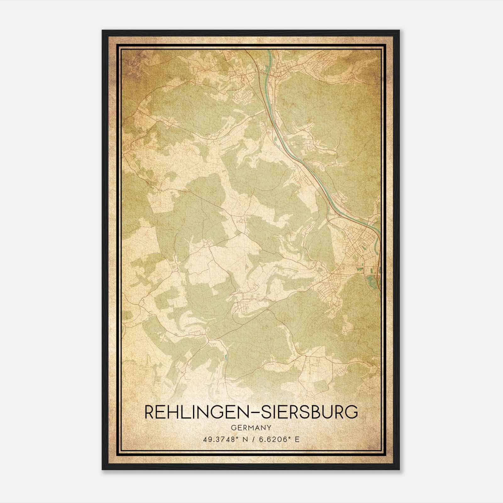 Vintage Rehlingen-Siersburg Germany Map Poster, Rehlingen-Siersburg City Road Wall Art Print