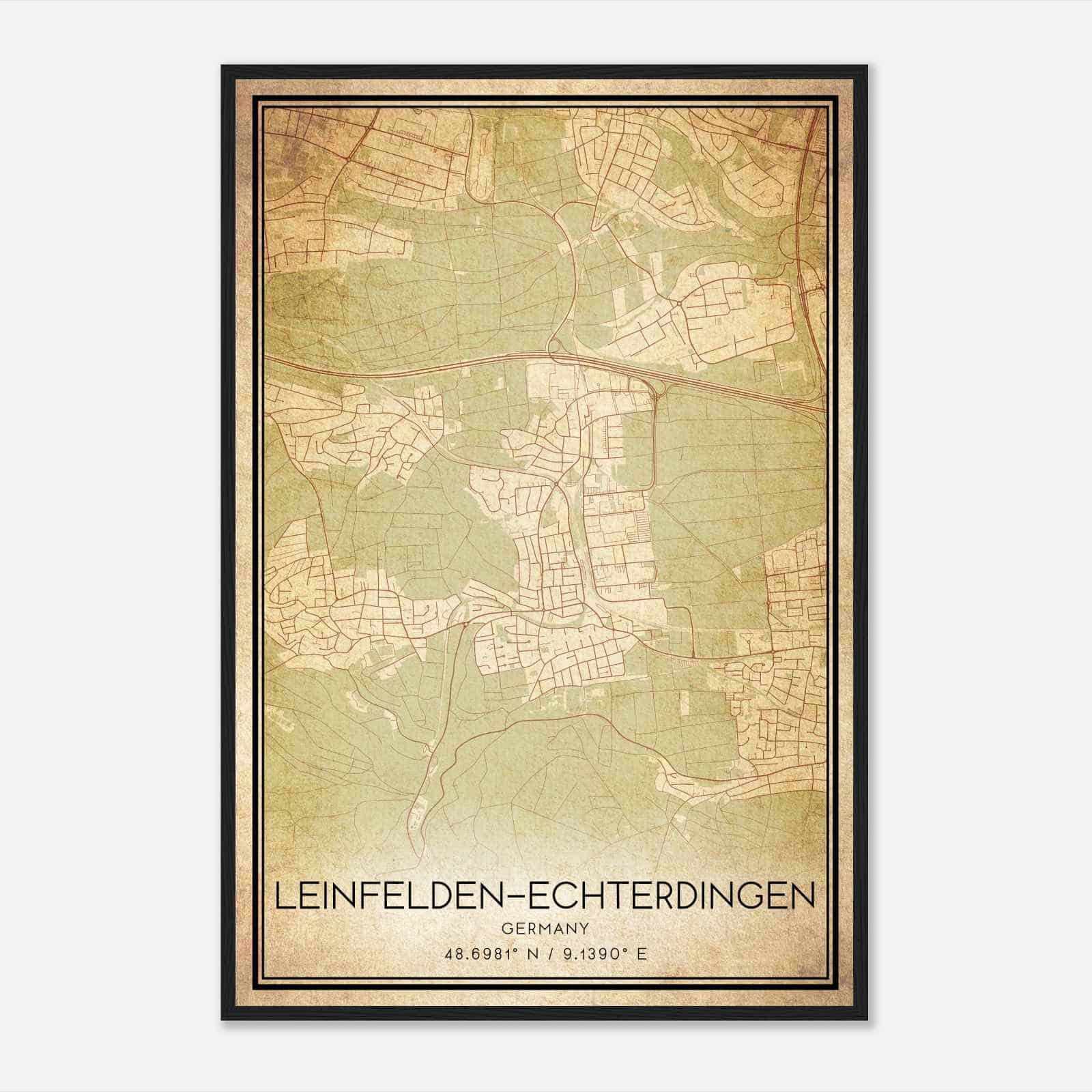 Vintage Leinfelden-Echterdingen Germany Map Poster, Leinfelden-Echterdingen City Road Wall Art Print