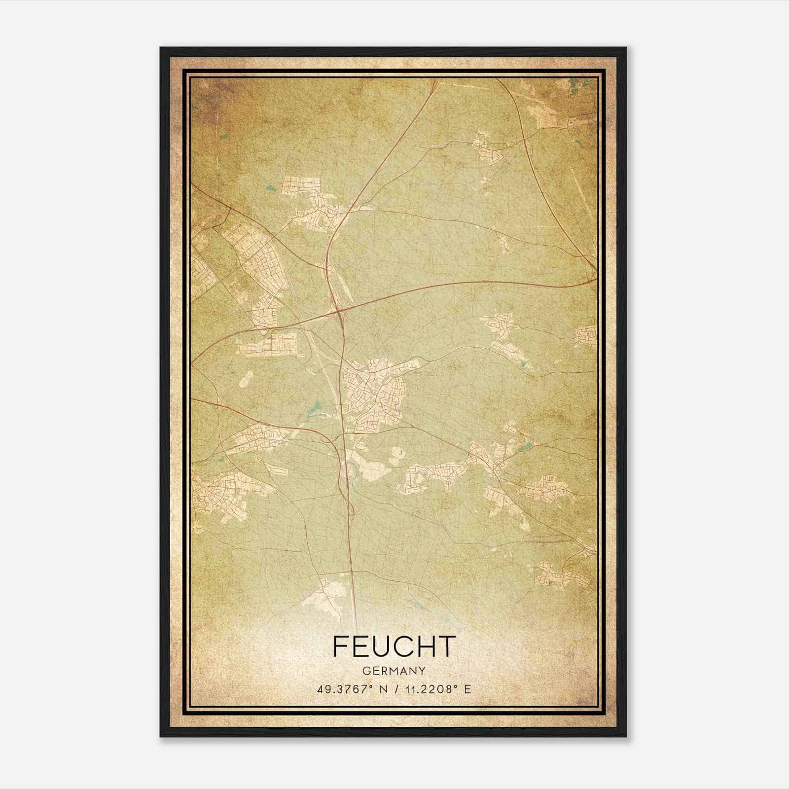 Vintage Feucht Germany Map Poster, Feucht City Road Wall Art Print