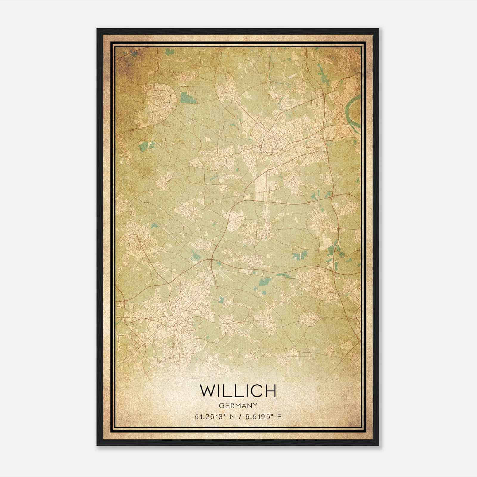 Vintage Willich Germany Map Poster, Willich City Road Wall Art Print