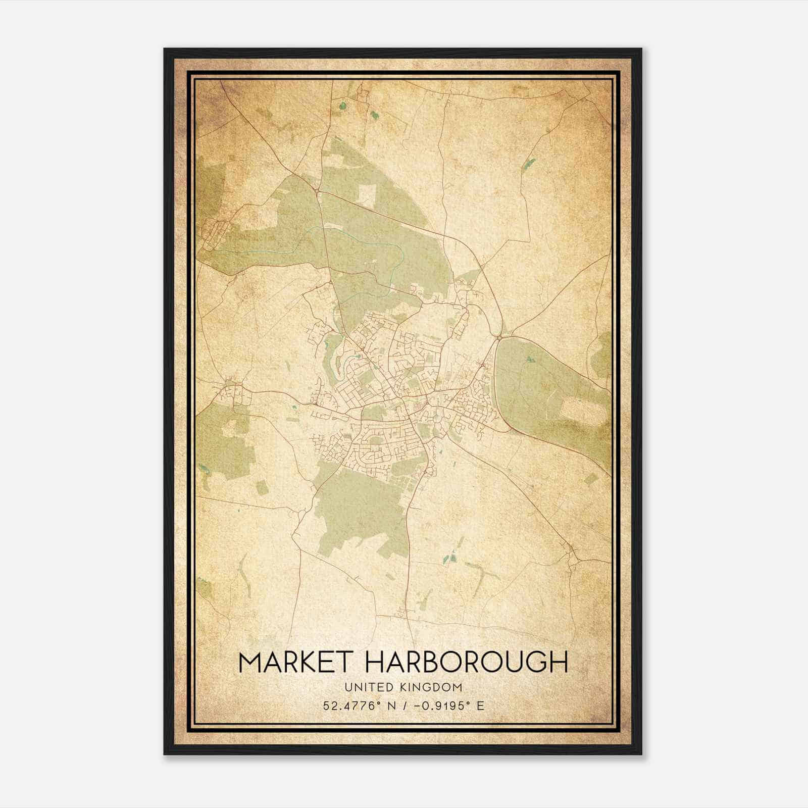 Vintage Market Harborough United Kingdom Map Poster, Market Harborough City Road Wall Art Print