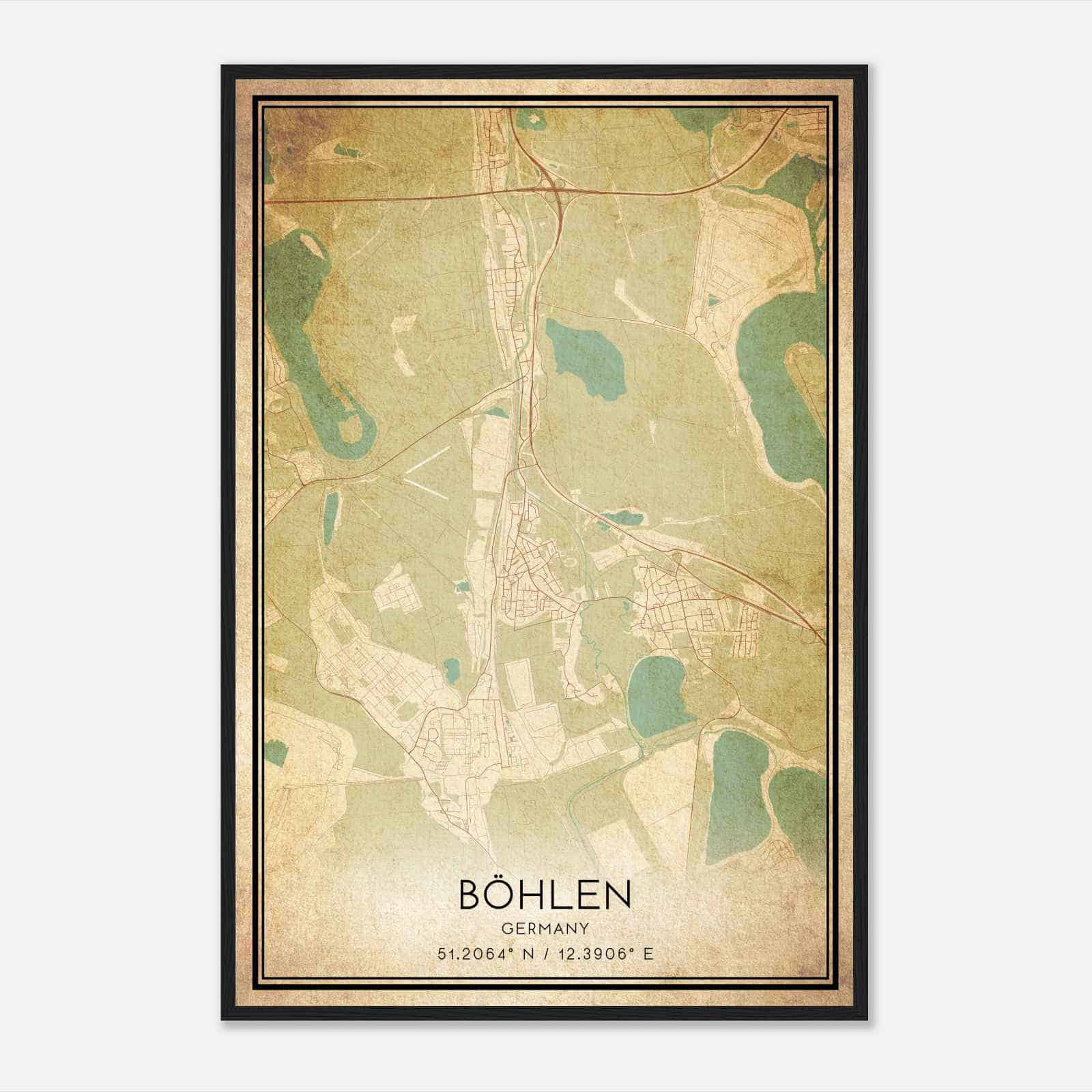 Vintage Bohlen Germany Map Poster, Bohlen City Road Wall Art Print
