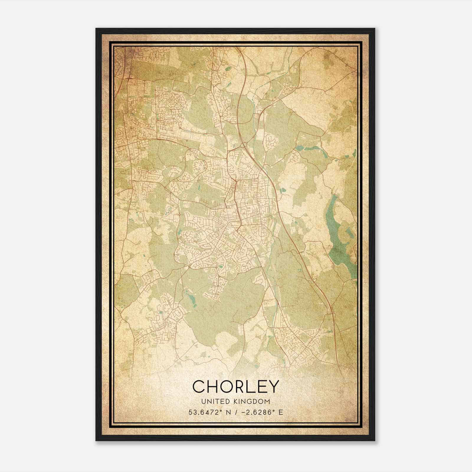 Vintage Chorley United Kingdom Map Poster, Chorley City Road Wall Art Print