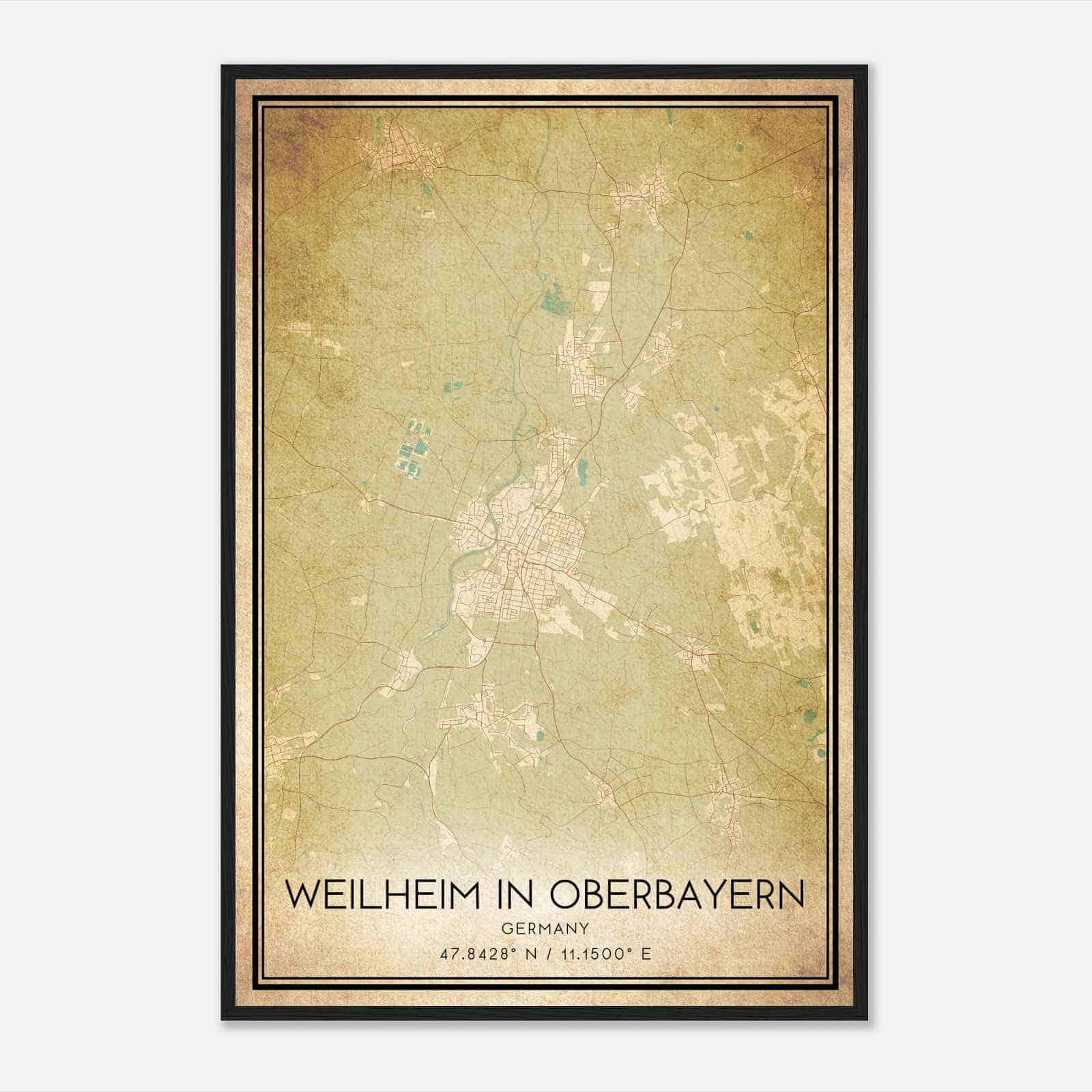 Vintage Weilheim Germany Map Poster, Weilheim City Road Wall Art Print