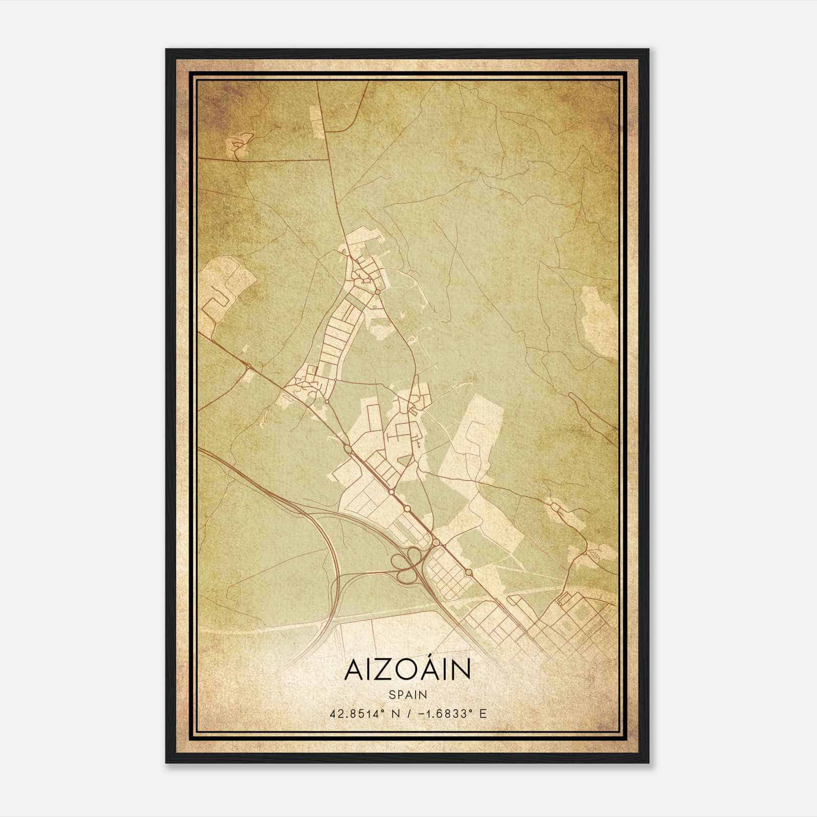 Vintage Aizoain Spain Map Poster, Aizoain City Road Wall Art Print