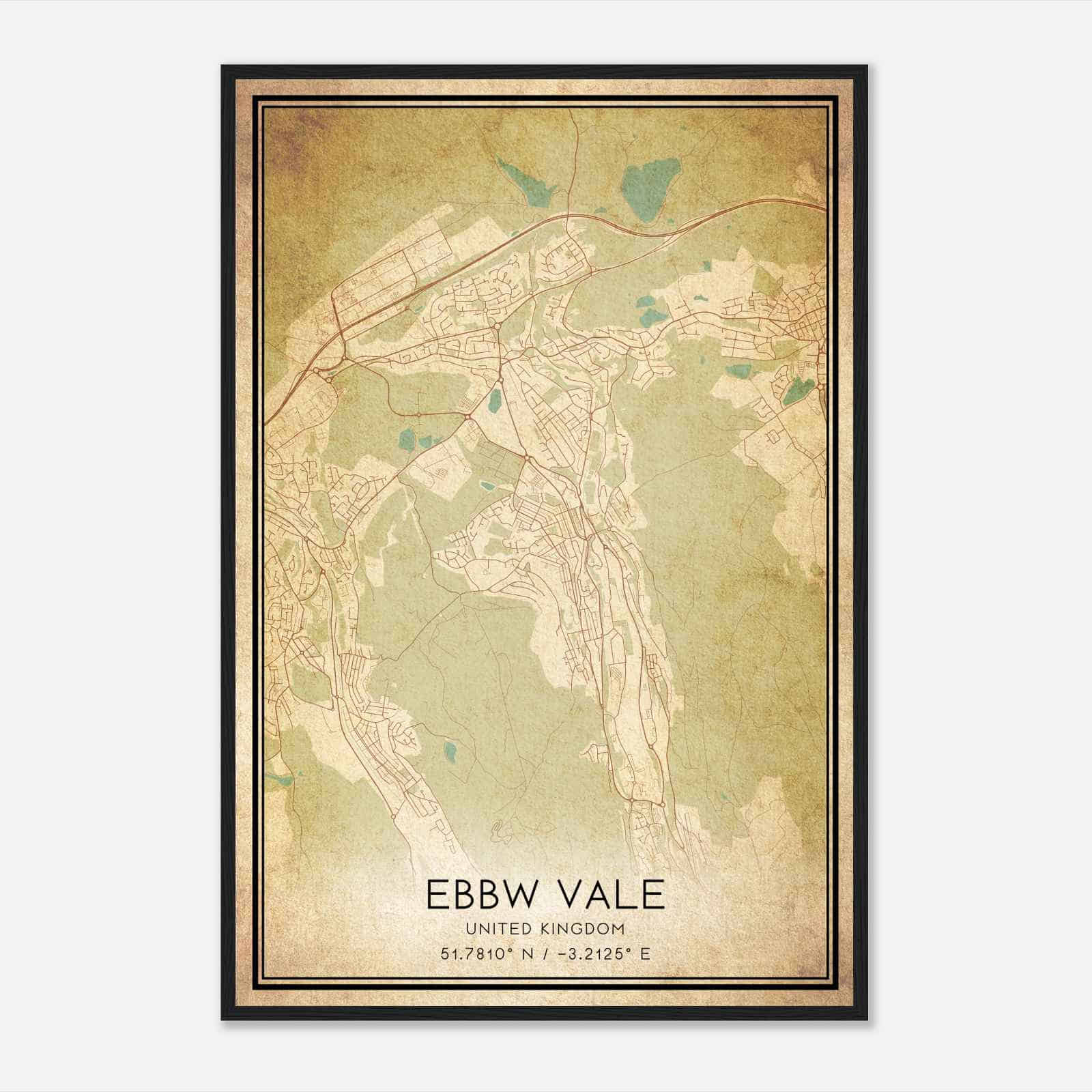 Vintage Ebbw Vale United Kingdom Map Poster, Ebbw Vale City Road Wall Art Print