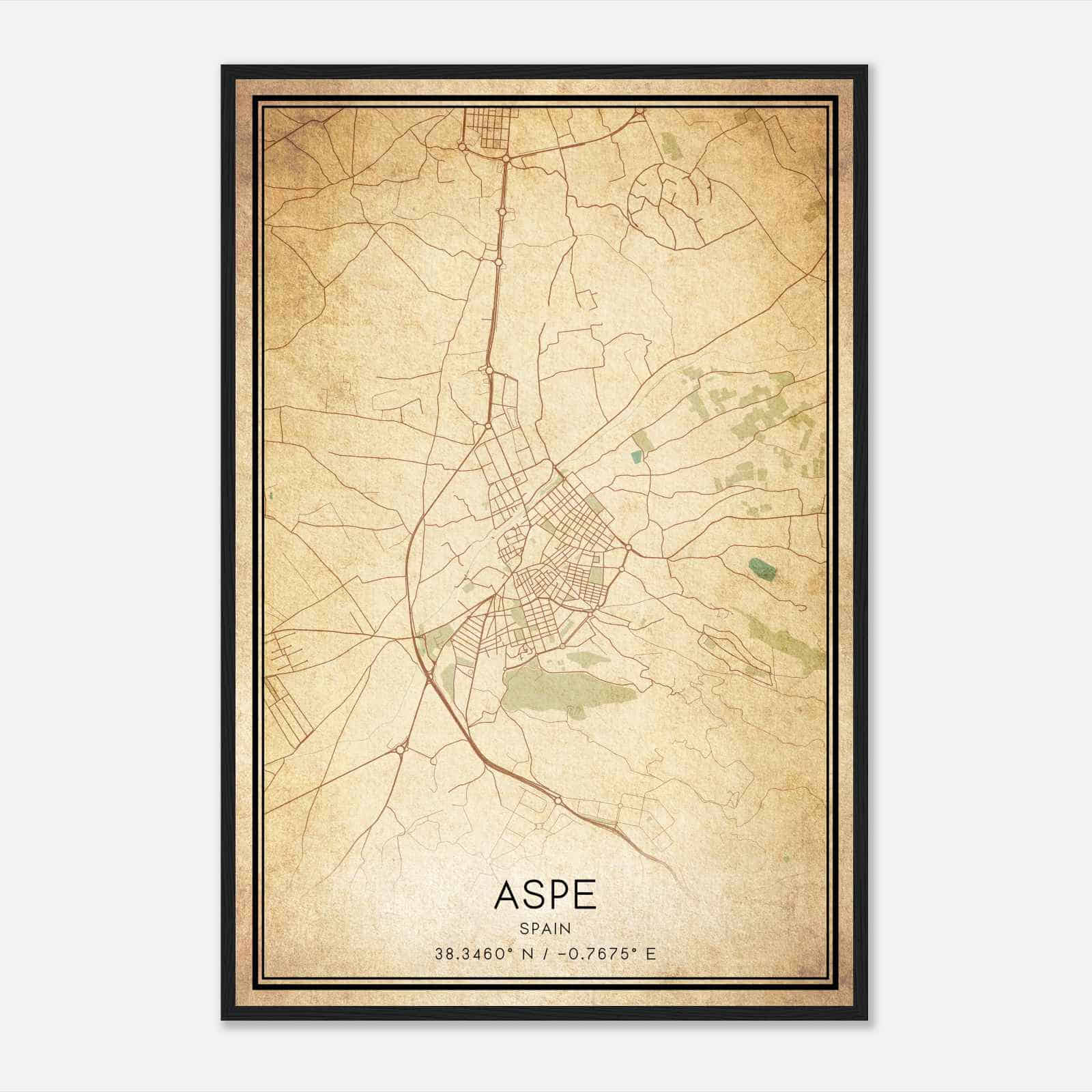 Vintage Aspe Spain Map Poster, Aspe City Road Wall Art Print