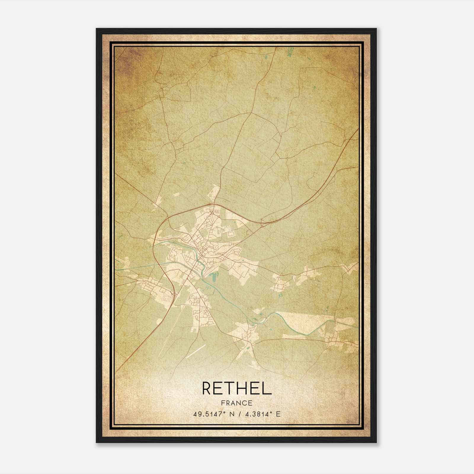 Vintage Rethel France Map Poster, Rethel City Road Wall Art Print