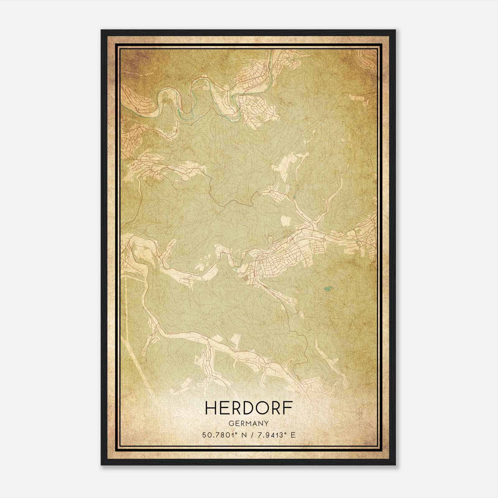 Vintage Herdorf Germany Map Poster, Herdorf City Road Wall Art Print