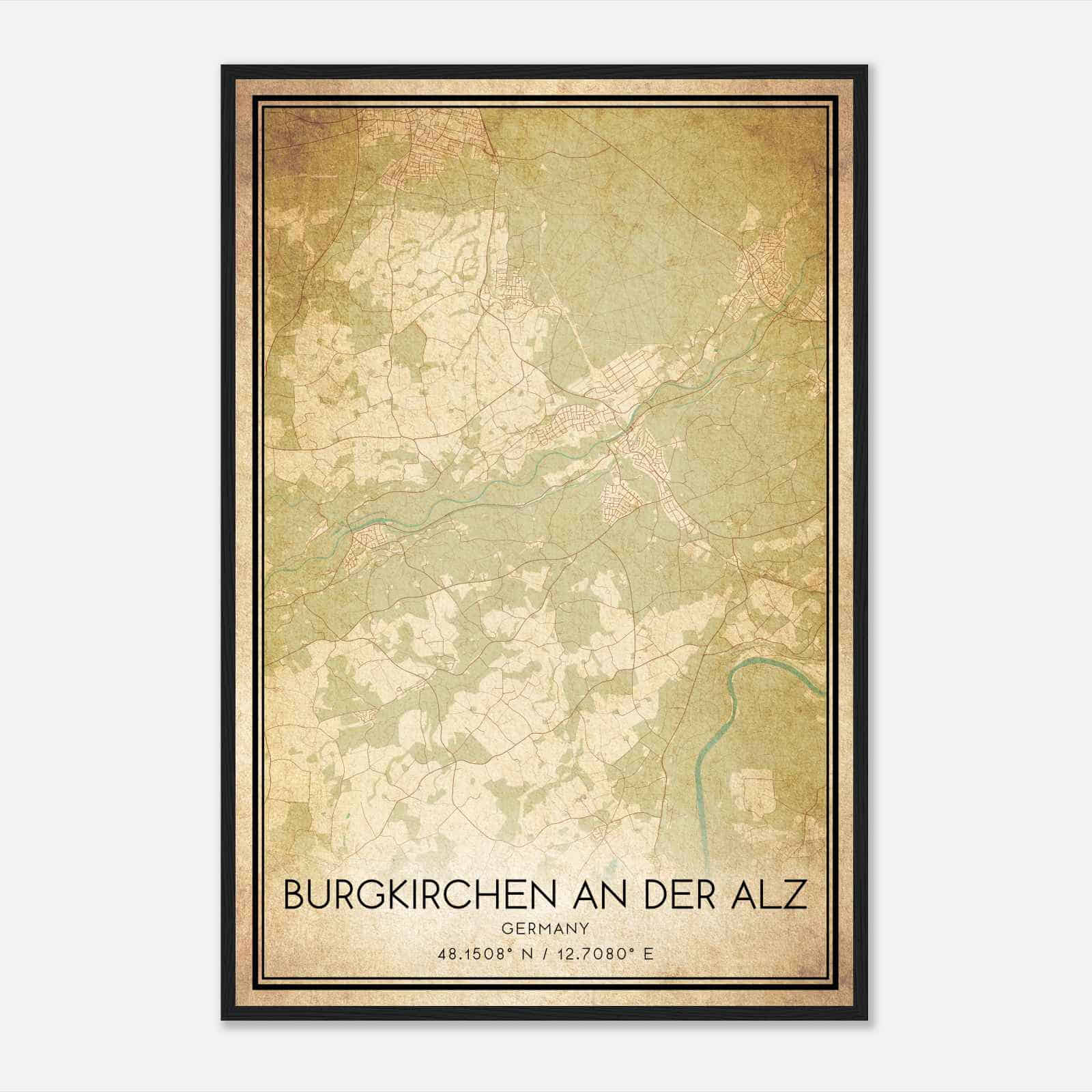 Vintage Burgkirchen an der Alz Germany Map Poster, Burgkirchen an der Alz City Road Wall Art Print