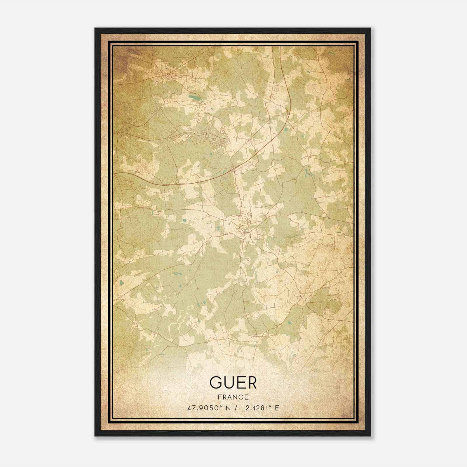 Vintage Guer France Map Poster, Guer City Road Wall Art Print