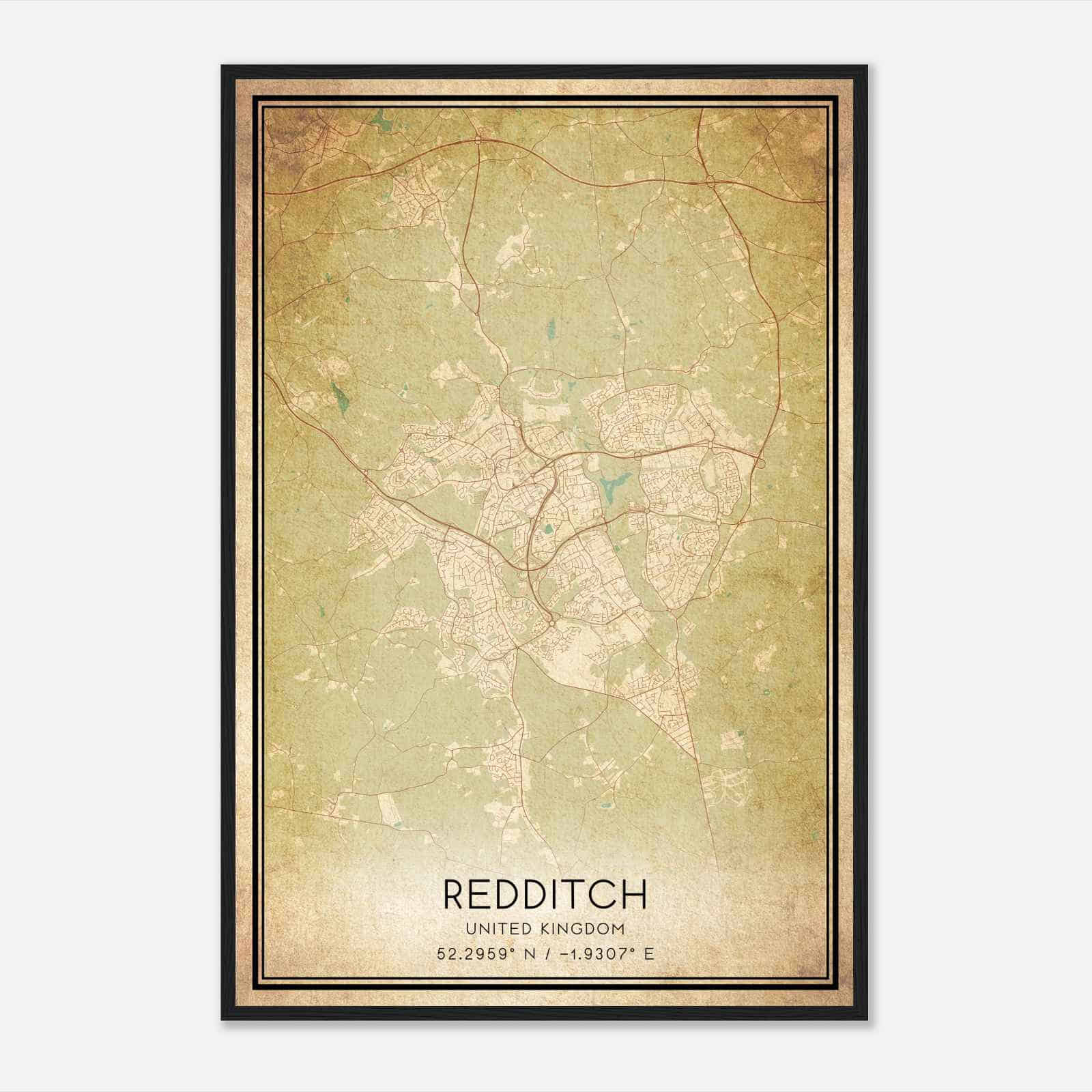Vintage Redditch United Kingdom Map Poster, Redditch City Road Wall Art Print