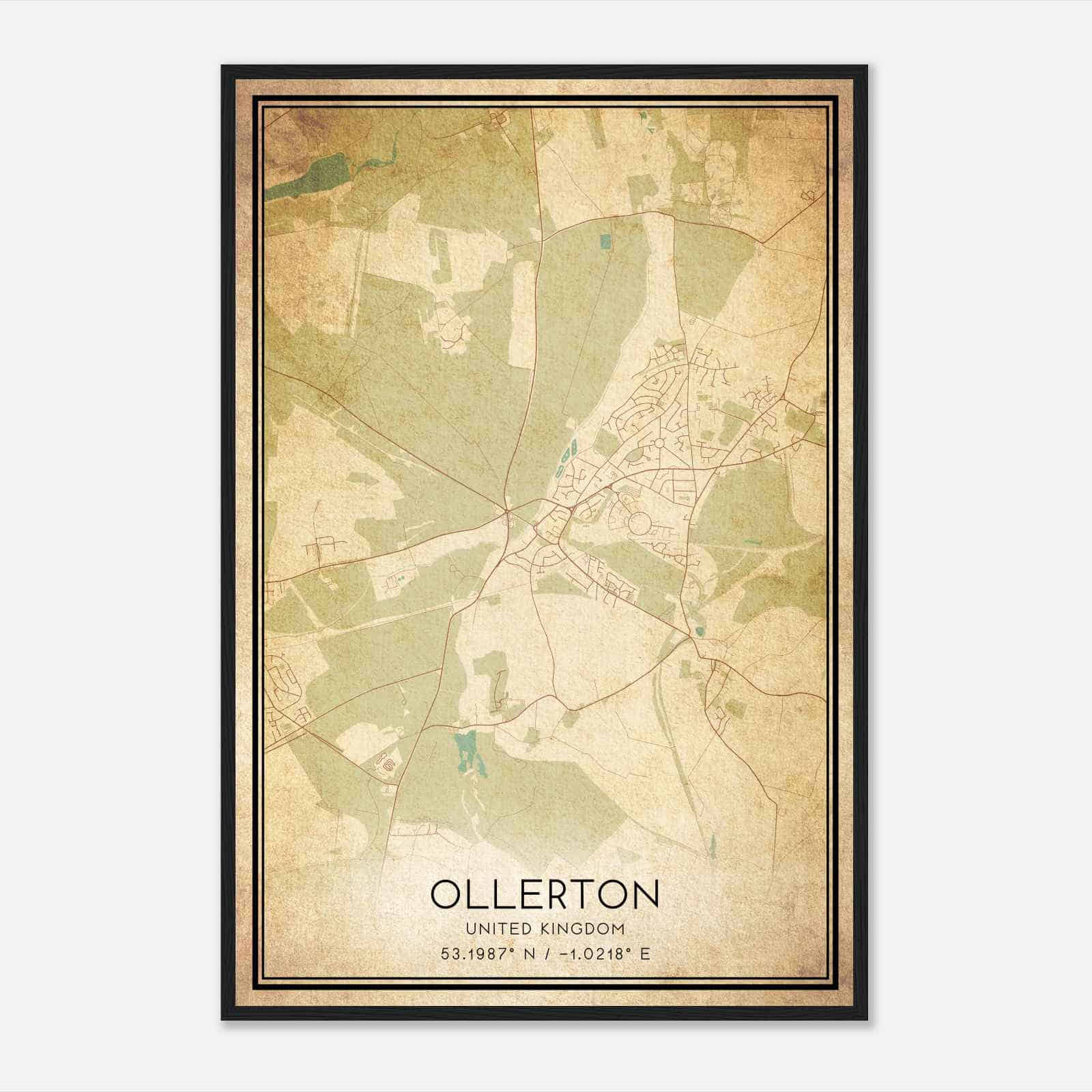 Vintage Ollerton United Kingdom Map Poster, Ollerton City Road Wall Art Print