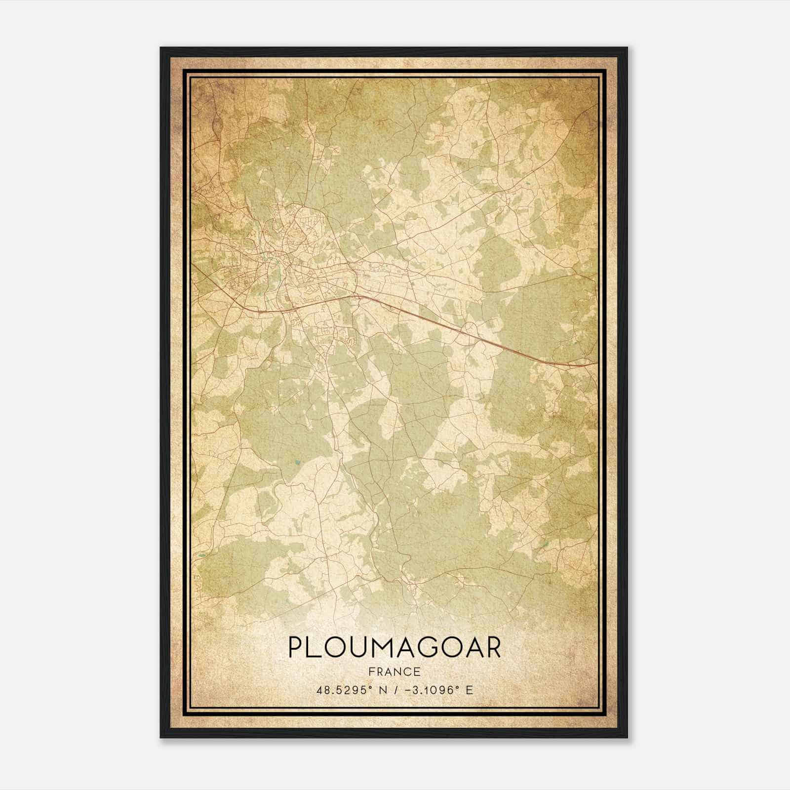Vintage Ploumagoar France Map Poster, Ploumagoar City Road Wall Art Print