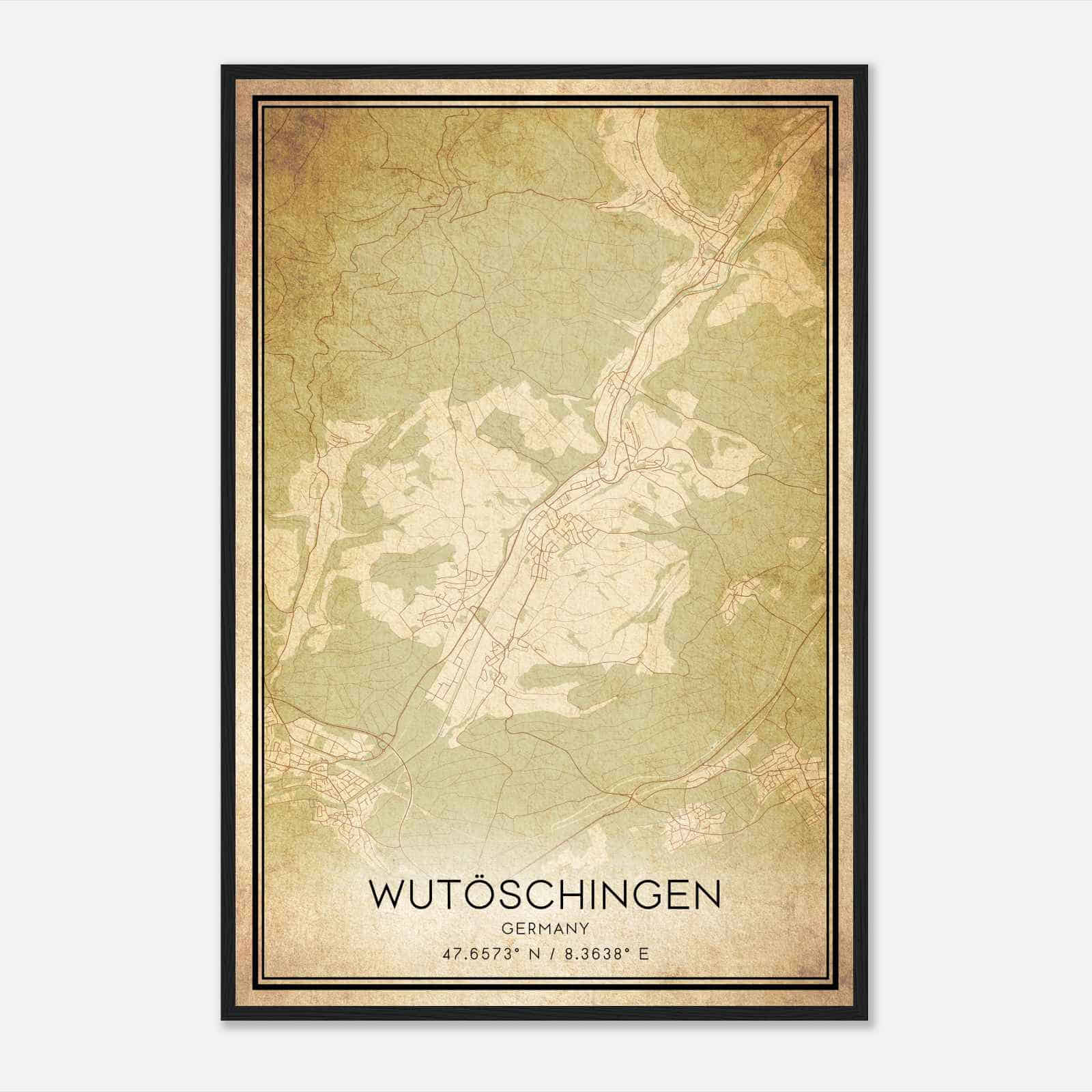 Vintage Wutoschingen Germany Map Poster, Wutoschingen City Road Wall Art Print