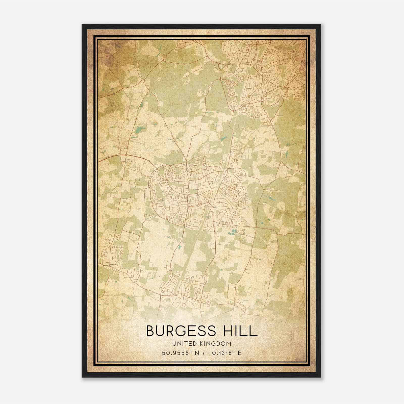 Vintage Burgess Hill United Kingdom Map Poster, Burgess Hill City Road Wall Art Print